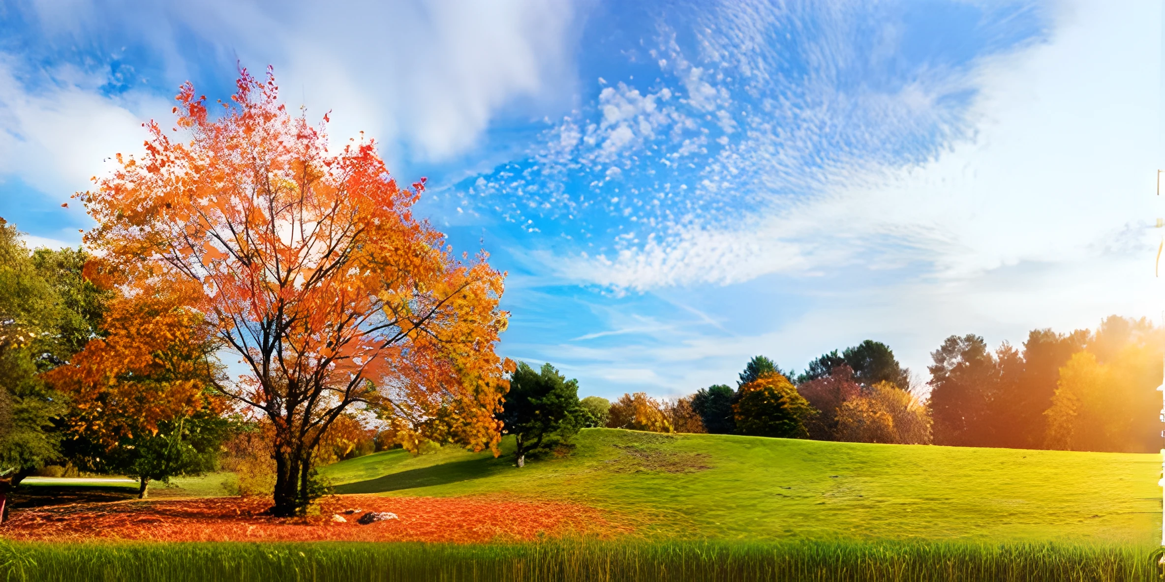 Arafed tree in a field with a bright sky in the background, Parque gramado do outono ao ar livre, colorful autumn trees, autumn season, early autumn, maple trees with falling foliage, scenic colorful environment, Temporada de outono, dramatic autumn landscape, folhagem de outono, folhagem de outono em primeiro plano, vento soprando folhas, Beautiful image, ricas cores pitorescas, imagem impressionante, Campo de Outono