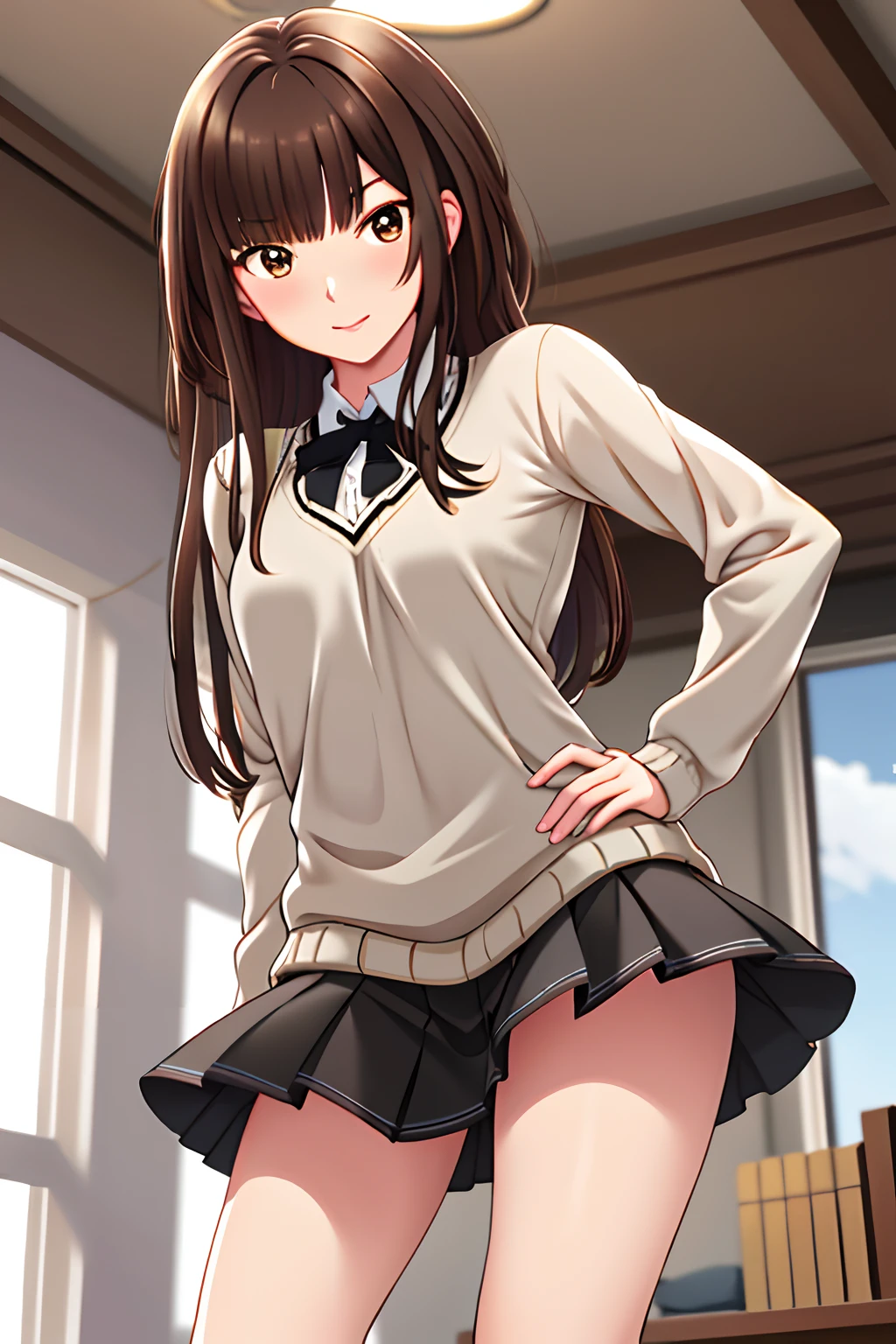 The perspective is from below,tmasterpiece, Best quality at best, A high resolution, kr1, with brown eye, bluntbangs, Kibito High School Uniform, a skirt, Sweaters, pleatedskirt, sockes, little breast, leaning-forward, hand on hips,