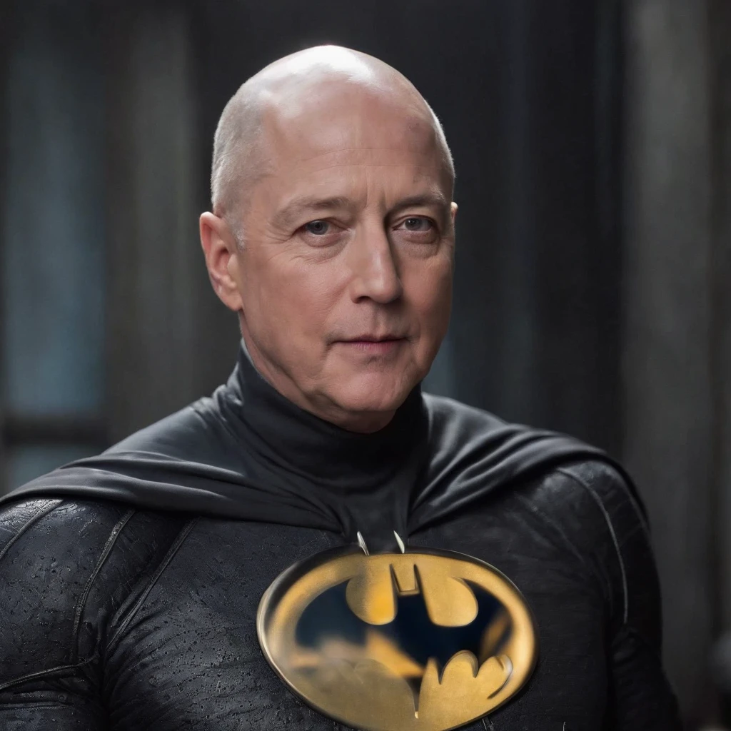 James Spader face, 63-year-old,2022, Oldman, bald, without hair, smiling face, muscle, wear a batman costume Take off your mask, portrait full-body image, (Full-body image.)
