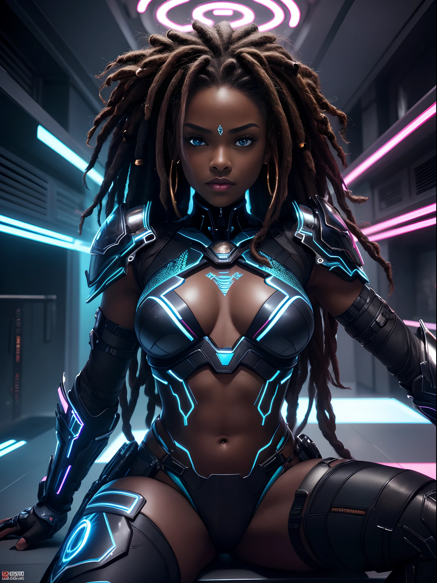 In a Cinematic Photography style, 1girl, Dark ebony skin with a nano-infused shimmer, Deep hazel eyes with electric blue flickers, cyber-enhanced vision, Dreadlocks with metallic and neon highlights, neural interface, Thick, muscular, yet sculpted, Cybernetic right arm and legs, neon tattoos that glow when activated, Exotic translucent and metallic armor, neon trims, adaptive fit, looking directly at the camera, (Realistic skin texture: 1.1), seduction, thick body, perfect body, highly detailed, 8K resolution, ultra realistic, Gothic, fantasy, Divine, Clean, Rich, prestige, Fantastic, supreme, apex, Supreme, Goddess, uncropped, (8k, Best Quality, Cinematic Masterpiece: 1.2), (Realistic, Photorealistic: 1.37), Super Detailed, 1 Girl, Cute, Alone, Night, Sitting, Date, ( Nose blush), (smile: 1.15), (close mouth) small breasts, beautiful details, (no shirt: 1.1), night, (Dreadlocks with metallic and neon highlights: 1.2), floating Hair NovaFrogStyle, centered, forward facing.
