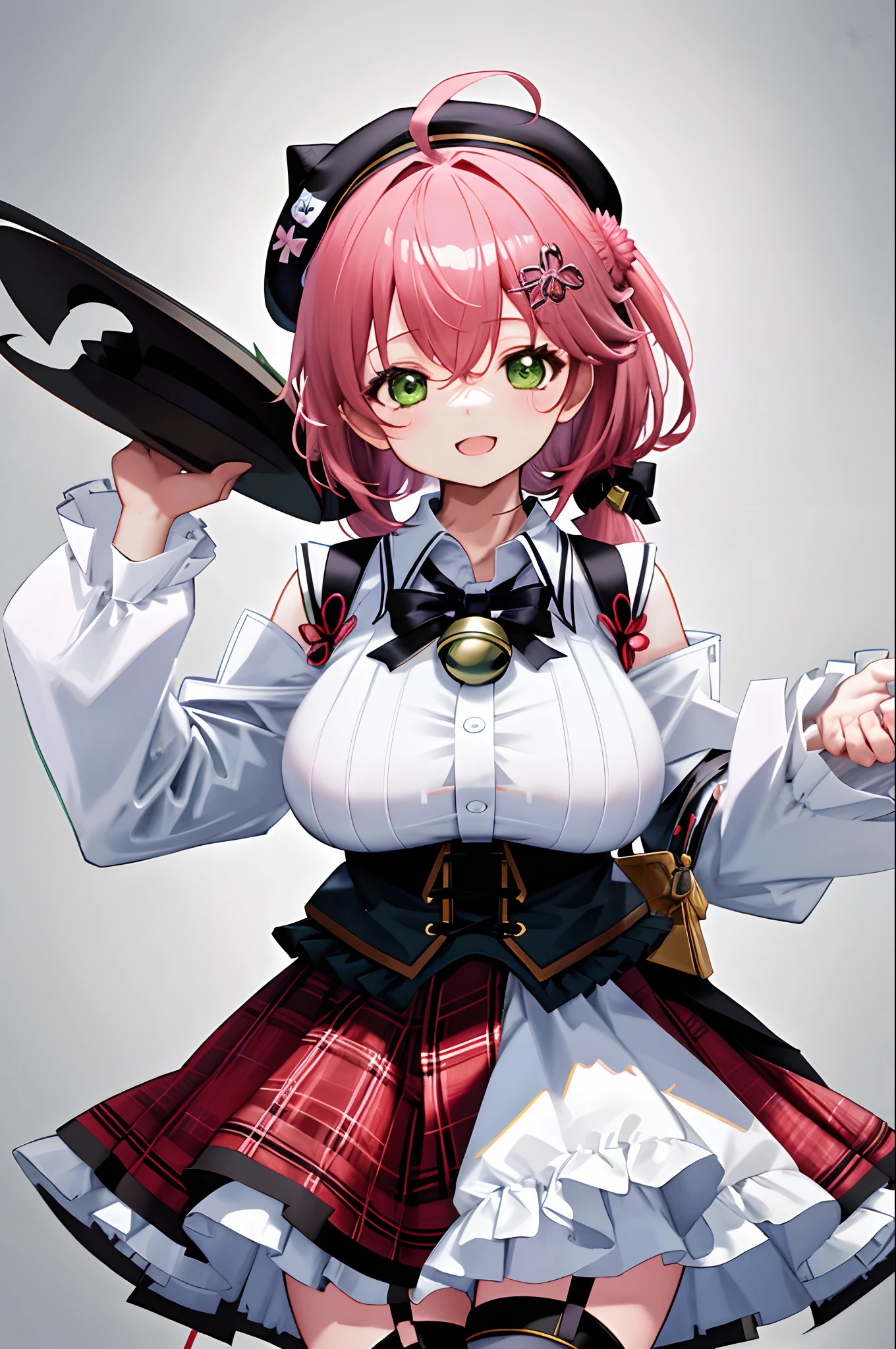 masutepiece, Best_Quality, hight_resolution, miko2,Ponytail, 1girl, Green eyes, Ahoge, black headwear, Hair Ornament, White shirt, black thighhighs, Pink hair, Red_skirt, very_short_skirt, plaid skirts, garter_strap, Collared shirt, hair clips, frilld, Bangs, hair between eye, frills skirt, beret, Pleated skirt, Hair Flower, Neck bell, , puffy long sleeves, Black bow, Underbust, Cowboy Shot,Smile, (gigantic_breasts:1.3),covered_nipples, covered_pussy,close_eyes, happy, childlike_posing,spread_legs,smile,