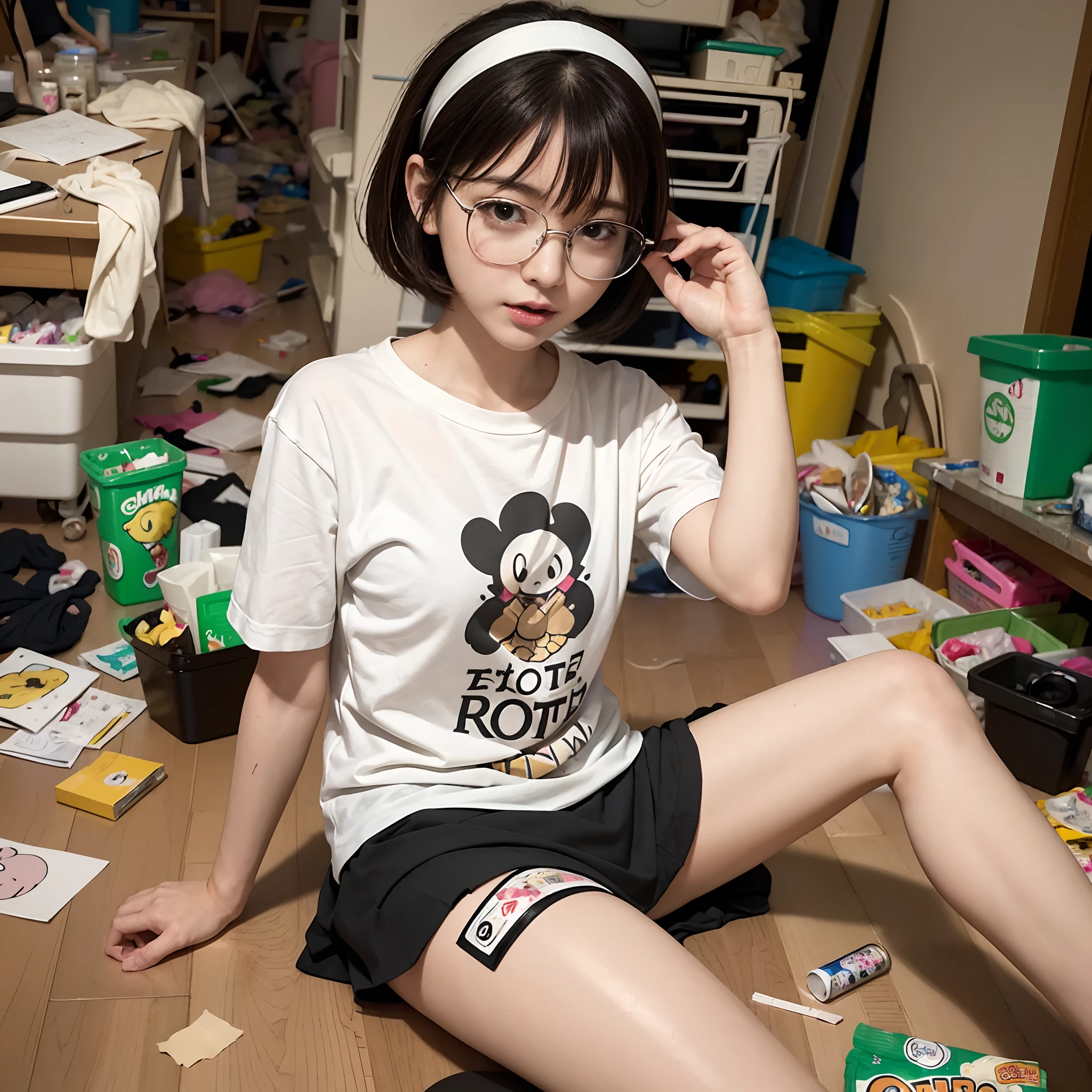 (8K、Raw photography、Top image quality、masterpiece、:1.2)、(realisitic、Photorealsitic:1.37)、1人、独奏、(Sitting on the garbage in an incredibly dirty room、Cute Japan girl operating smartphone:1.4)、Anime Otaku Girls、A dark-haired、short-hair、dishevled hair、Unkempt hair、bangss、Happy expression on face、Small bust、Wearing glasses、Anime Character Print T-Shirt、a miniskirt、head phone、Sitting on the floor、Agra、Room full of garbage、Garbage with rolled tissue、Surrounded by mountains of cartoons、Lots of anime character figures are on display.、Anime poster on the wall、Potato chips on the desk、Spilled potato chips、Roll Energy Drink、Scattering of food waste、Messy room、Underwear left undressed on the floor、超A high resolution、physically-based renderingt、cinematlic lighting、dynamic ungle