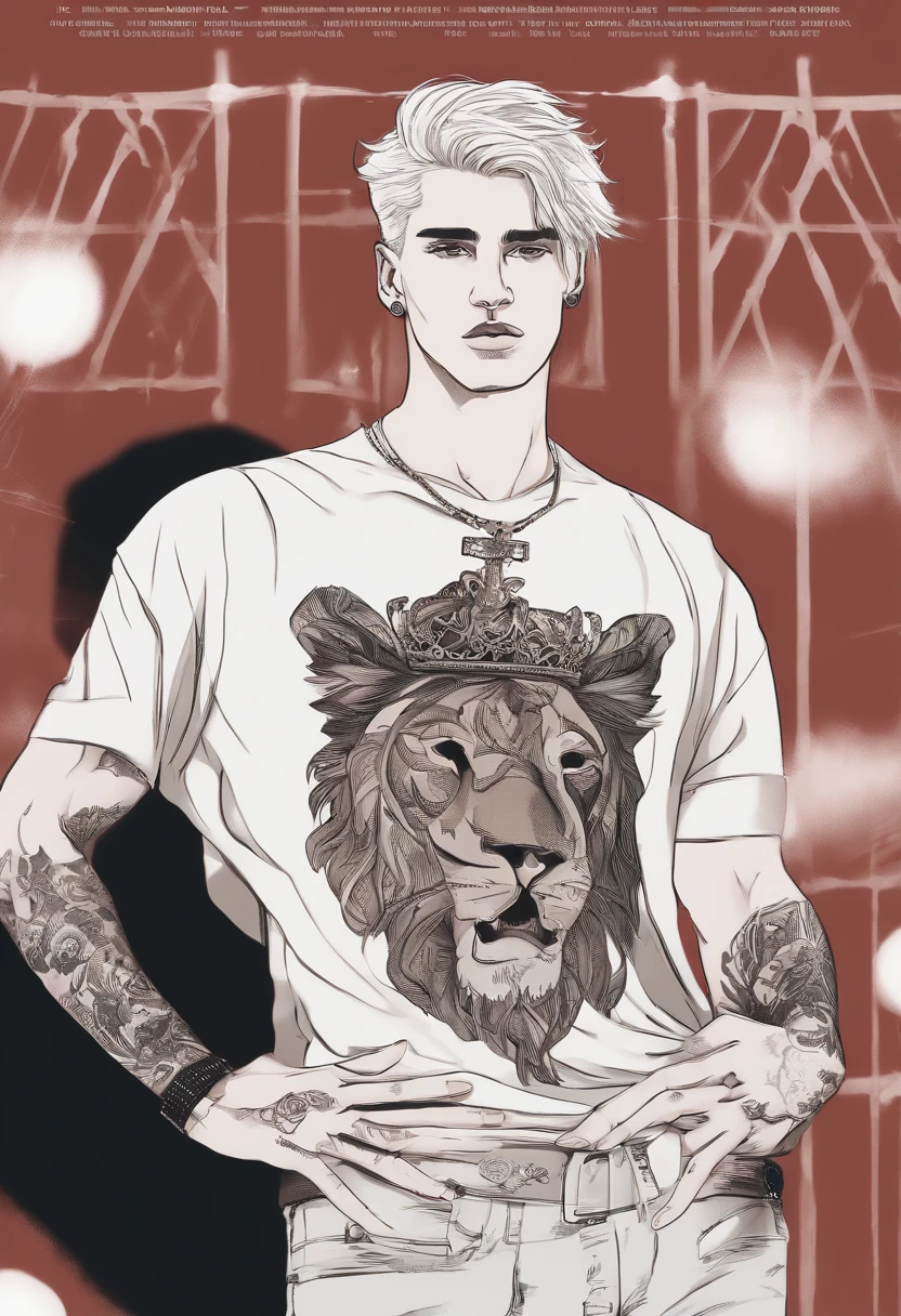 a tall, intimidating handsome highschool boy, with straight, platinum blond hair. blood-red eyes. He is covered in tattoos from neck below, including his torso, back, arms, hands, legs, and ankles. The words “KING” and “LIFE” are tattooed on his fingers. He has many piercings on both his ears and two near his left eyebrow. he wears Versace and the Chrome Hearts rings on most of his fingers.