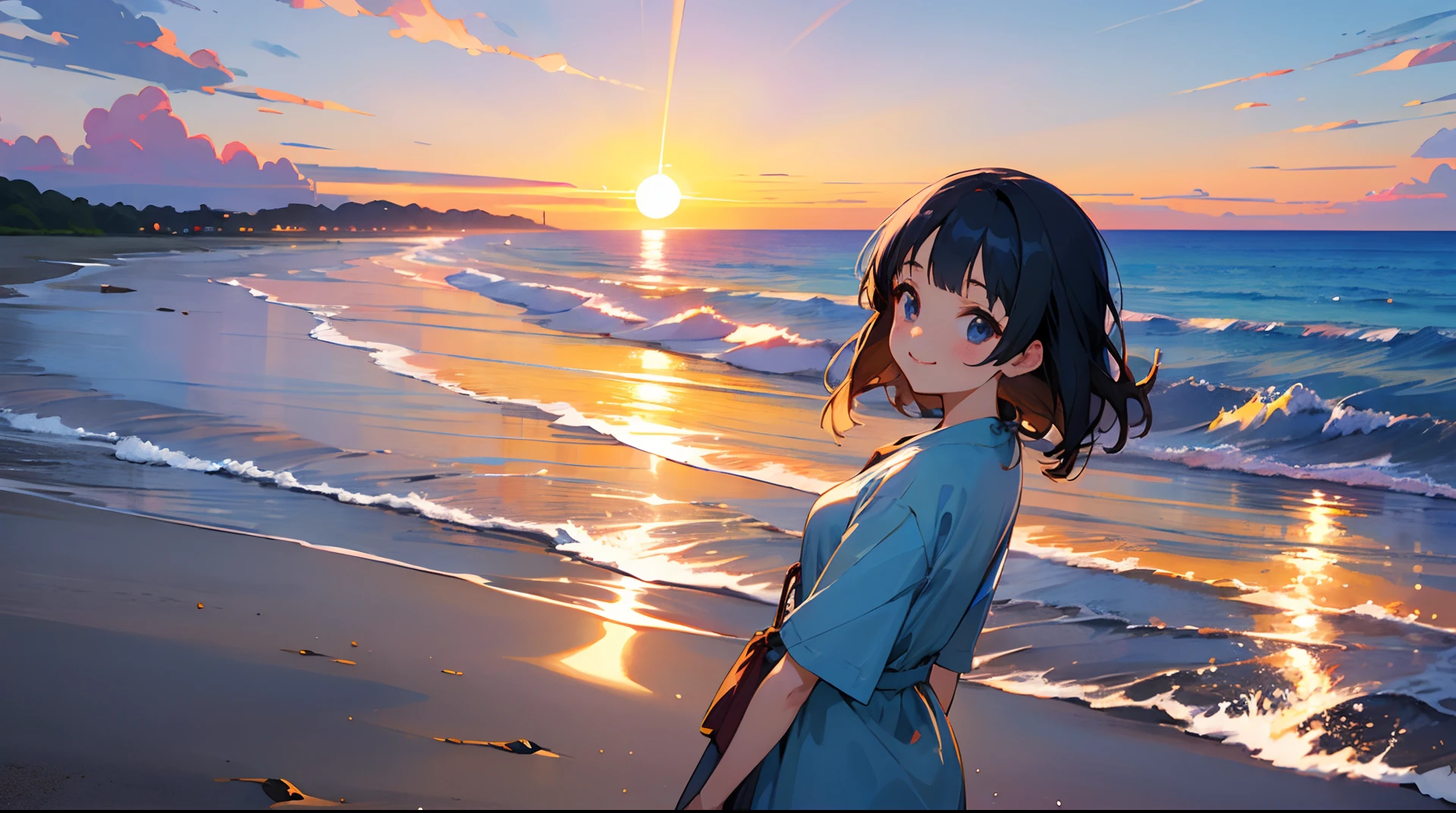 Anime style、the beach、a beauty girl、ssmile、Looks Back、the setting sun