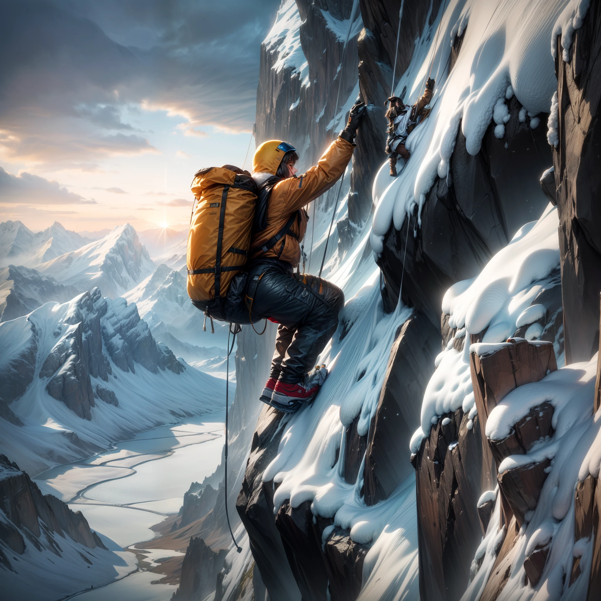 (Best quality,4K,8K,A high resolution,Masterpiece:1.2),Ultra-detailed,(Realistic,Photorealistic,photo-realistic:1.37),mountaineer, Snow-capped mountains, snow covered, Towering black rocks on the landscape, Close-up of a person's upper body in a snowstorm, Climbers about to reach the top, Hanging from a cliff with a rope, Close-up of people, Vast snow-capped mountains in the background, River with sunset, Cast a golden light on the climbers, Composition with guide lines
