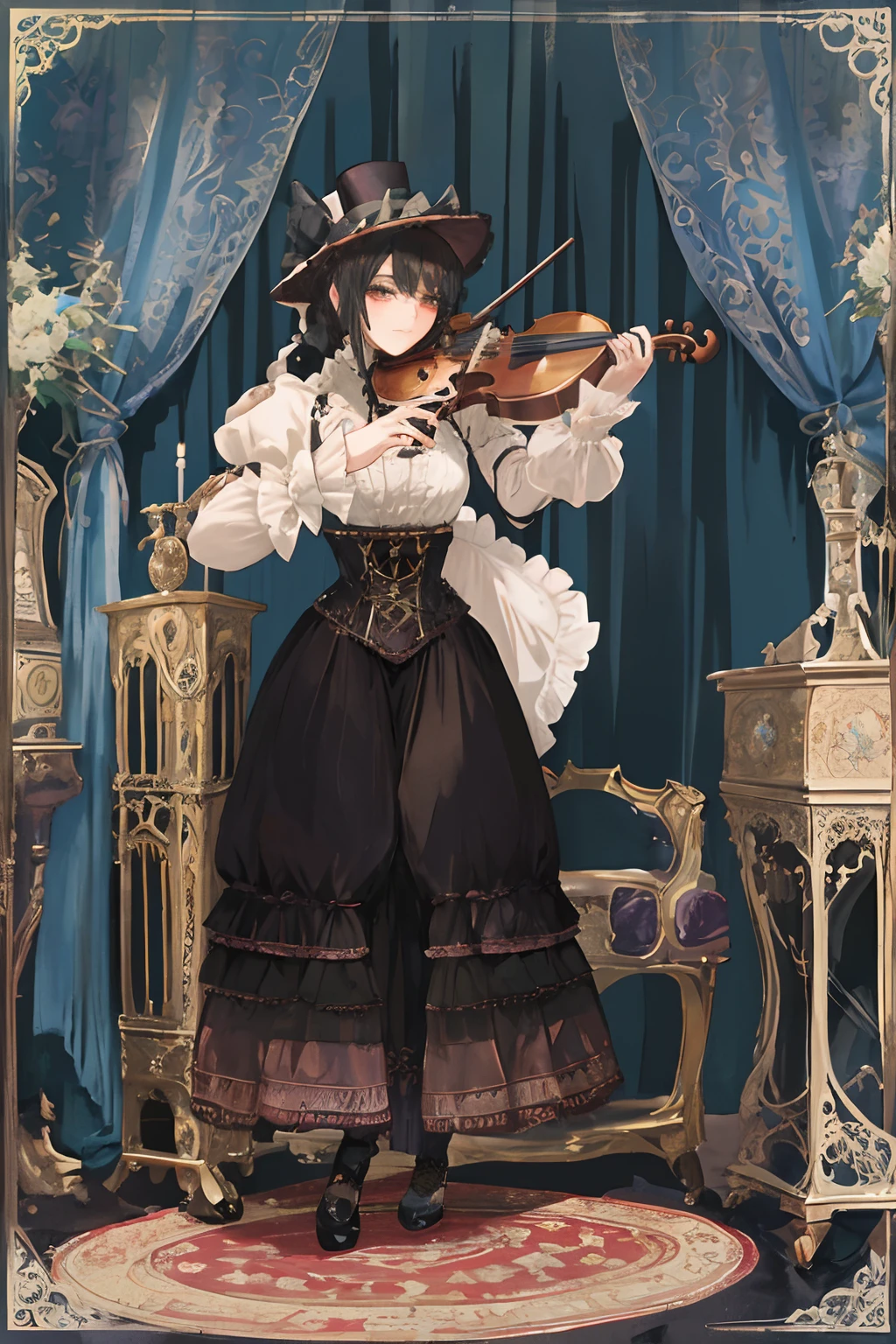 arafed woman in a victorian dress playing a violin, in victorian aristocrat, victorian gothic lolita fashion, ebony rococo, in detailed steampunk dress, victorian inspired clothing, lolita style, classical witch, lolita fashion, classical style, black rococo, victorian style, detailed image, victorian style costume, with victorian clothing, steampunk clothes, steampunk era, loli