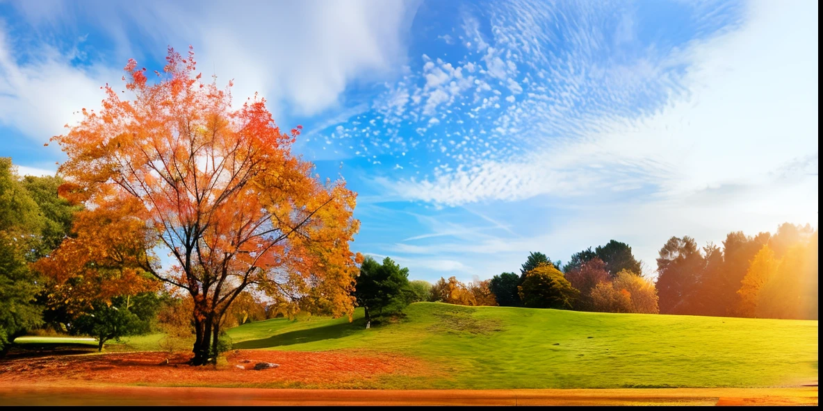 Arafed tree in a field with a bright sky in the background, Parque gramado do outono ao ar livre, colorful autumn trees, autumn season, early autumn, maple trees with falling foliage, scenic colorful environment, Temporada de outono, dramatic autumn landscape, folhagem de outono, folhagem de outono em primeiro plano, vento soprando folhas, Beautiful image, ricas cores pitorescas, imagem impressionante, Campo de Outono