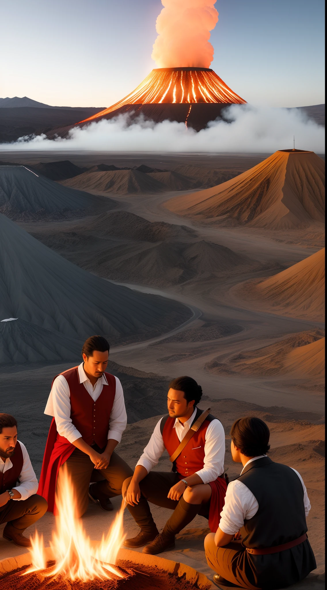 Depict historical figures or scholars documenting the climatic effects of the eruption, underlining the significance of the event in historical records. Hyper-realistic,photo realistic