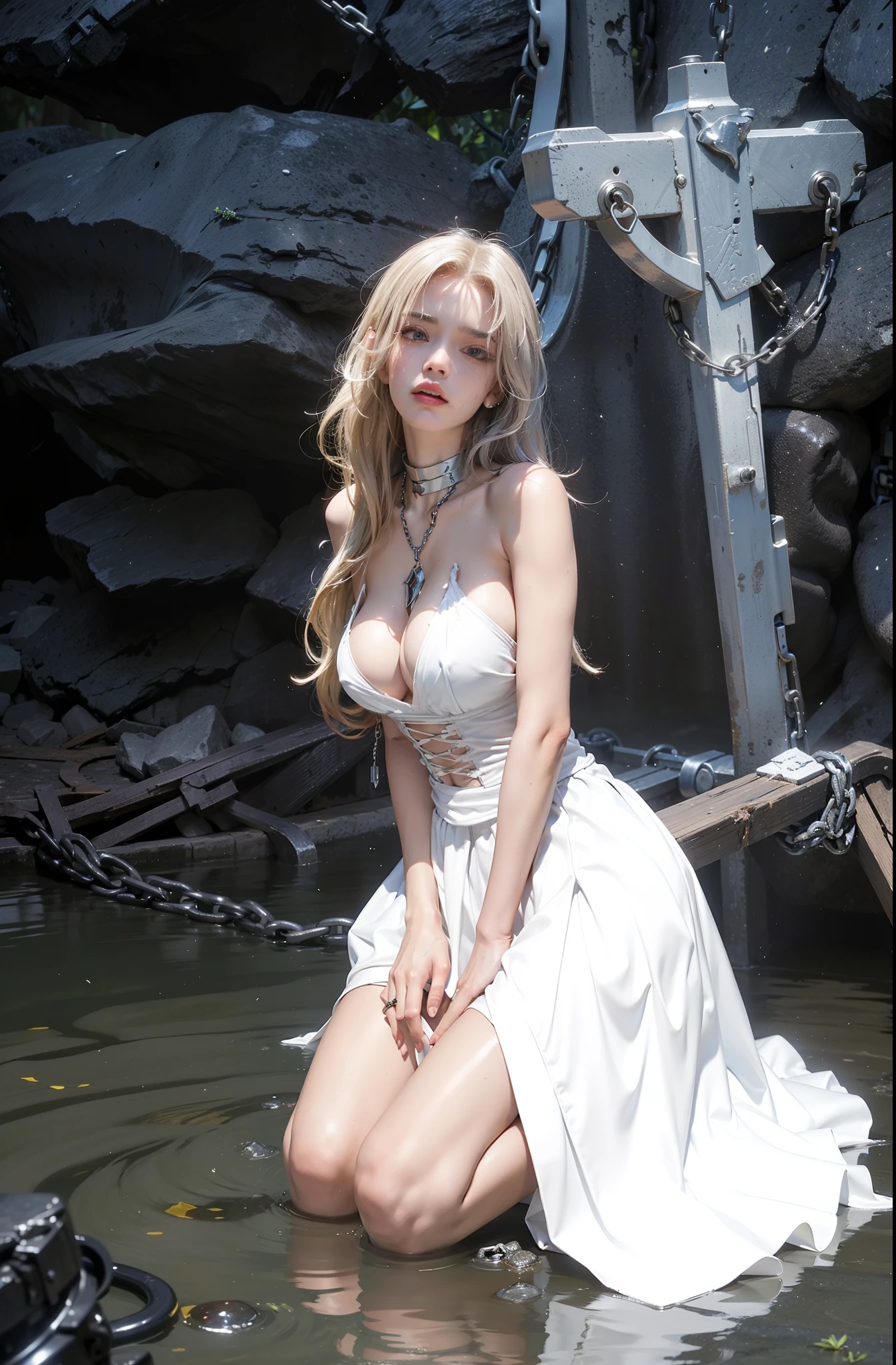 ,((Wearing a torn sheer costume of a superheroine)),(, No bra)), Wet crotch, Wet thighs, Beautiful girl with accentuated slender abs: 1.4, (((nipple tips protruding, areola is protruding, The shape of the pubic region is clearly visible)), sixpack abs: 1.4, Bust Botox, Photo, Sharpness, Unique 850 4, Koda850 k portrait camera, F1.6 shots, Ultra-realistic textures, Spectacular light textures, Cinestil 800 Fashion Mechanics, (futuristic sci-fi battle fashion: 1.1), (tied perfectly by chain), Restraint, Slaves, collars, ((wide prison with sunlight)), Dark fantasy, Realistic material details, extreme hight detail, Ultra-realistic materials ((Torn costume))), Wet, Cloudy, (Chained)), ((big emphasized by chains)), ((chains digging into crotch)), ( (Collar)), (, No bra), shredded costumes, broken golden shields and battle spears,, White combat gloves, Combat shoulder armor, Blood splattered on the face, Blood splattered, Realistic, (Bruises, Dirty, ripped clothing, skimpy clothing, Blood: 1.3), Torn Cape, Torn pantyhose, Long legs, ((iron pipe in the crotch)), Metallic shackles and fetters, ((chains hung from heaven)), Wet crotch is clearly visible, Swarovski's sword and the anatomy beneath his feet, (futuristic sci-fi battle fashion, Torn mesh stockings),
