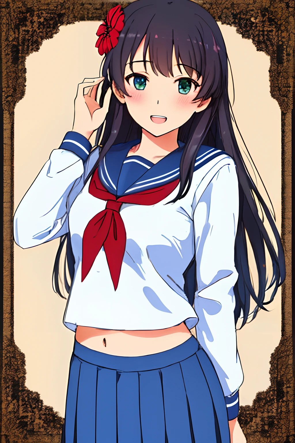 masterpiece, (bestquality), highlydetailed, ultra-detailed, blue sailor collar, blue serafuku, blue skirt, breasts, brown hair, cowboy shot, flower, green eyes, hair flower, hair ornament, long hair, long sleeves, looking at viewer, midriff peek, neckerchief, open mouth, pleated skirt, red neckerchief, sailor collar, saten ruiko, school uniform, serafuku, simple background, skirt, smile, solo, teeth, twitter username, white background