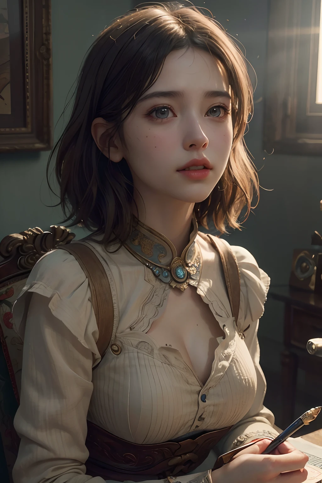 (RAW photo, best quality), (realistic, photo-realistic:1.3),best quality,highly detailed,masterpiece,ultra-detailed,illustration,1girl,upper_body,dynamic angle,world masterpiece theater,messy_Short_hair,best quality,extremely detailed CG unity 8k wallpaper,ink,Amazing,cinematic lighting,lens_flare,,dunhuang_style
