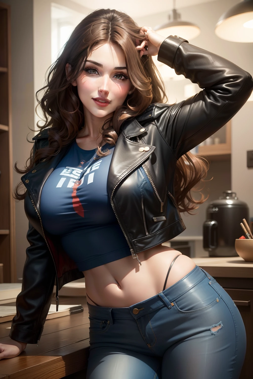 Lucy Pinder, portrait, face portrait, red lips, smiling, voluptuous, wavy hair, brown hair, black t-shirt, blue leather jacket, jeans.
