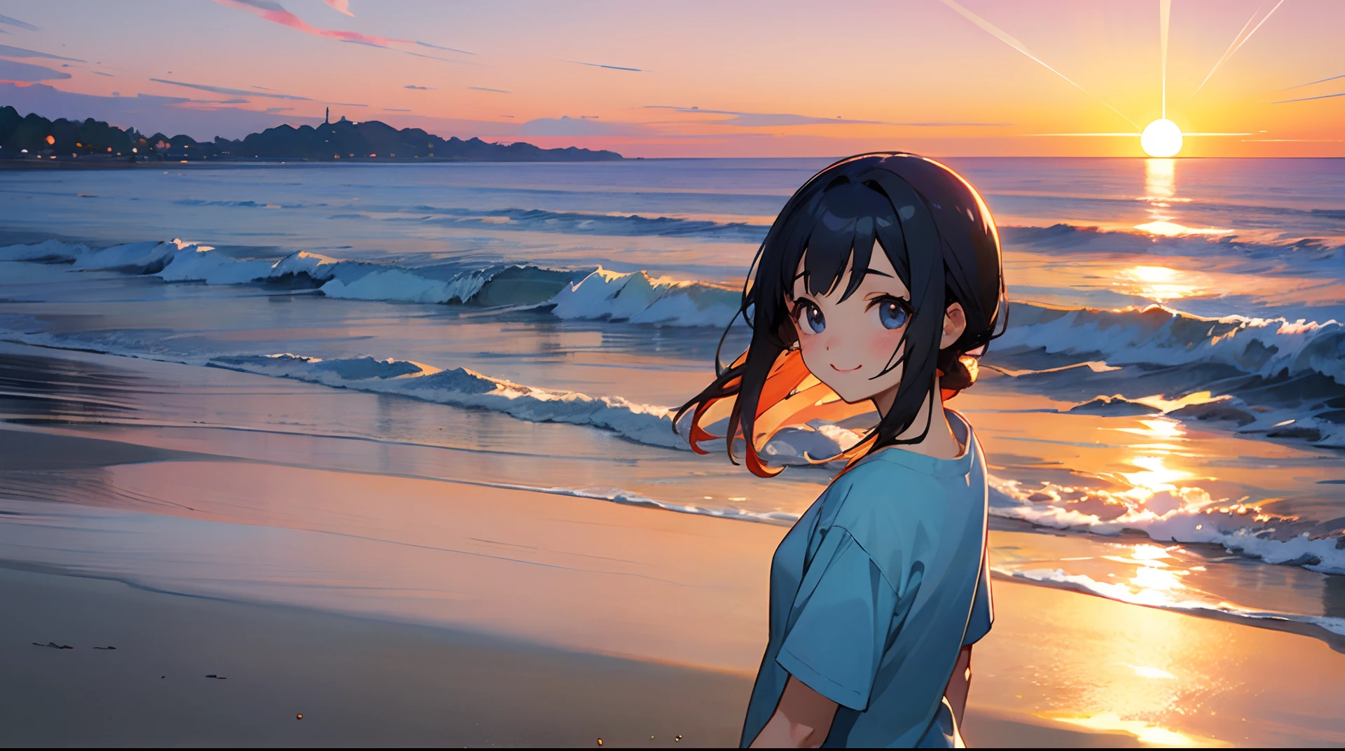 Anime style、the beach、a beauty girl、ssmile、Looks Back、the setting sun