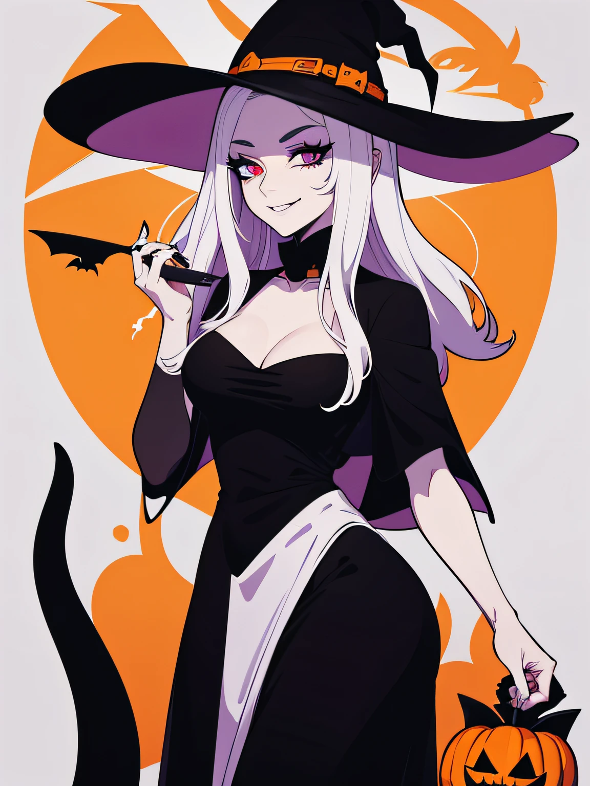 High quality design vector style image, t-shirt print style, graphic art white background of a Halloween style witch, bright and realistic colors, old style witch with a pointy hat, nose with a wart and a black cat at her side, fantasy style scenery halloween