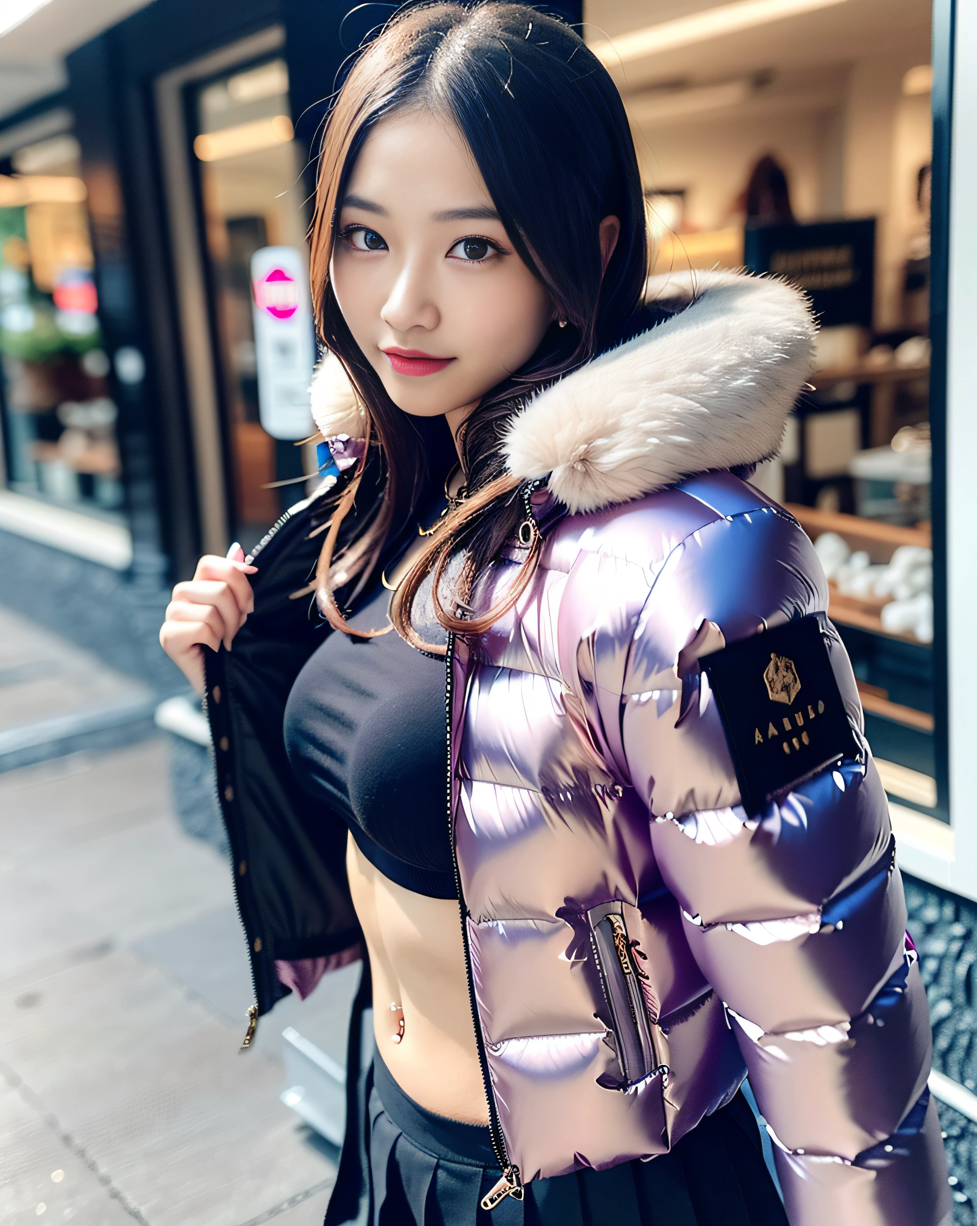 Beautiful Japanese 14 year old female, photorealistic, masterpiece, highest quality, wearing a (silk  down jacket puffer coat), (pushup silkbra), (silk  short pleated skater skirt), cute, sexy, sexy pose, large breasts,  lipstick, extremely detailed face, extremely detailed skin, professional photography, modelling, solo, 1girl
