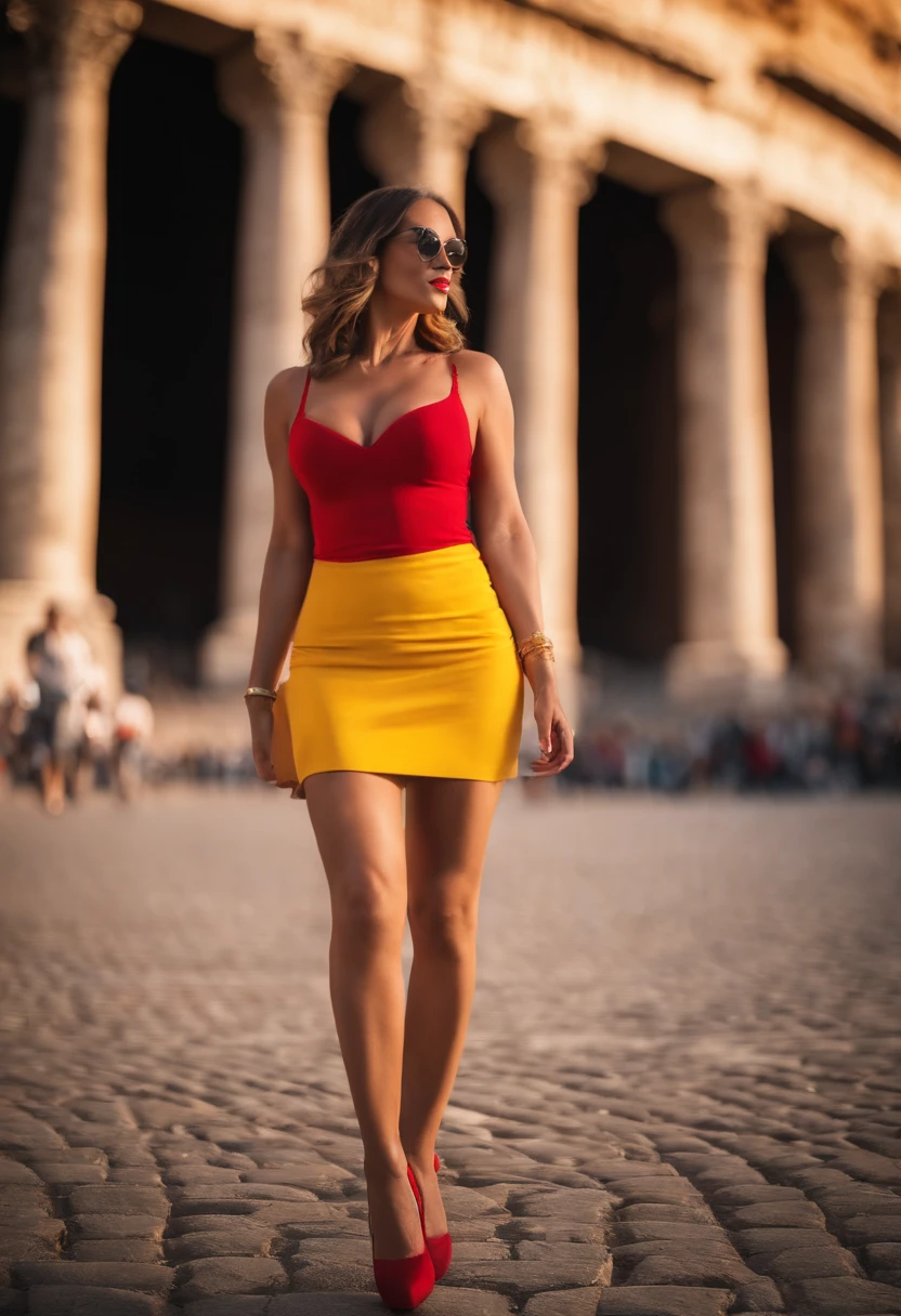 Realistic photography, ultra detailed a 45 year old woman with very big tits, very sexy face and a beautiful round face with thick lips and well-defined cheekbones, slender legs and broad shoulders, dressed in red lingerie, yellow miniskirt, yellow-red bra, and red high-heeled shoes , is walking in front of the Colosseum in Rome, on a splendid sunny day with perfect global illumination