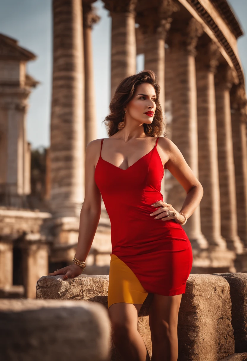 Macedonian woman standing, ((north macedonia)), (in the city of Skopje), jolie corps, nice face, smirk, ((beautiful red dress with a sun)), (((on a large city center square with a casino behind))), (statue of a rider behind her)