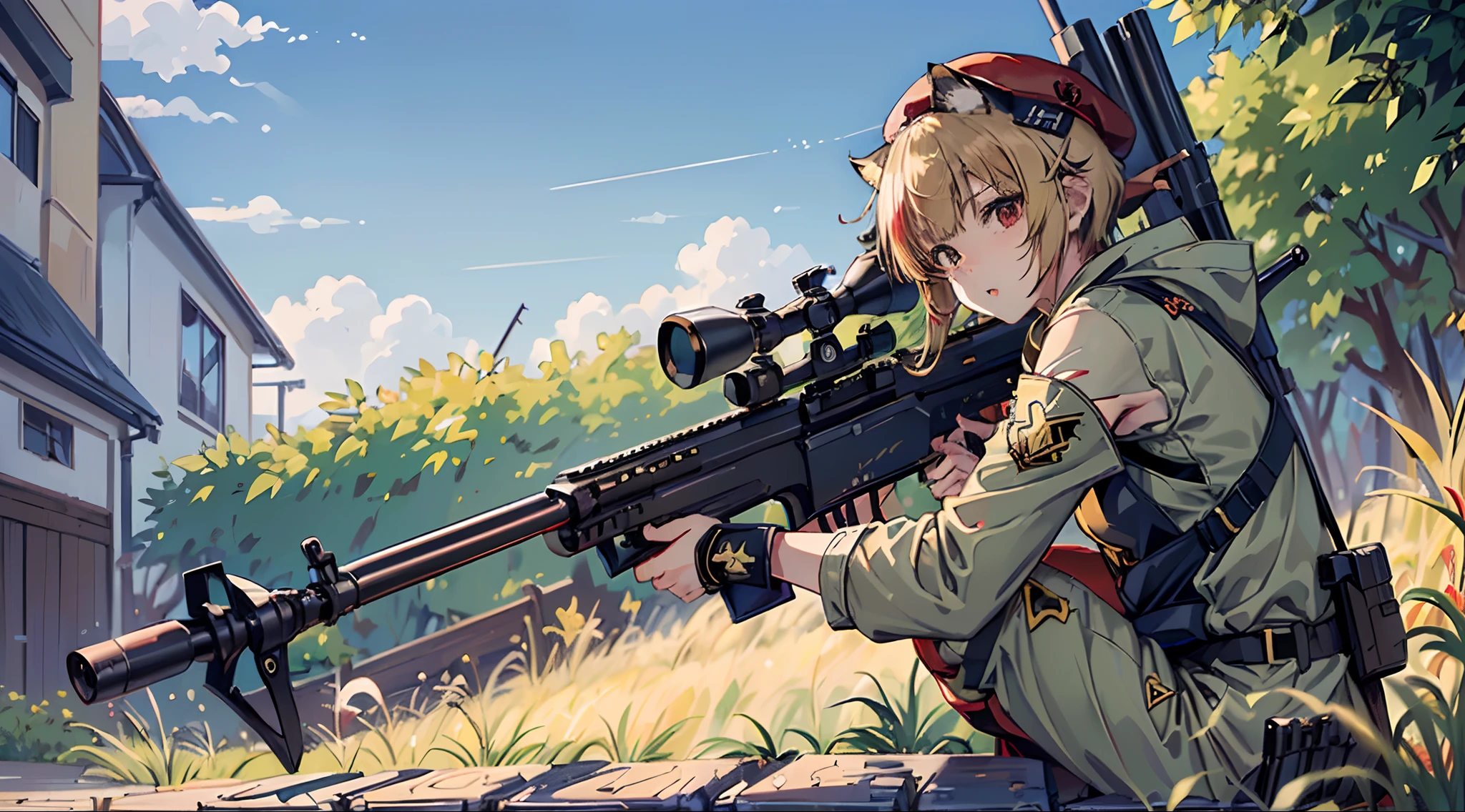 ((Best Quality)), ((masutepiece)), (Highly detailed:1.3), ((Cat's ears)), ((Hold a sniper rifle)), ((Bolt-Action Rifles), (Have cat ears)), ((no sleeves)), ((Baseball Uniforms)), ((Red beret)),hoop earings, (blondehair), ((short-hair)), Woman, girl, zydG