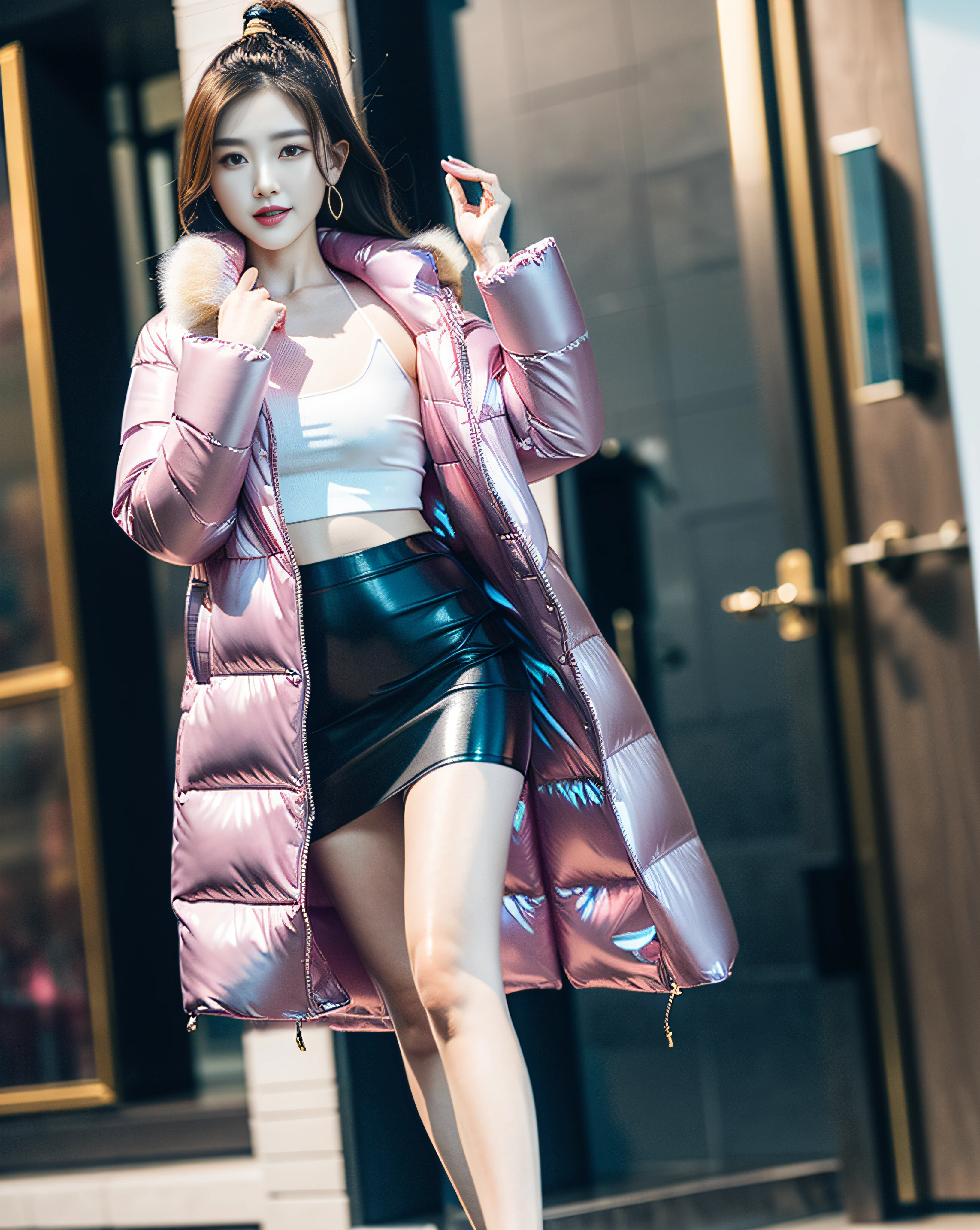 Beautiful Chinese woman, photorealistic, masterpiece, highest quality, wearing a (silk  down jacket puffer coat), (pushup silk bra), (silk  short pleated skater skirt), cute, sexy, sexy pose, large breasts,  lipstick, extremely detailed face, extremely detailed skin, professional photography, modelling, solo, 1girl