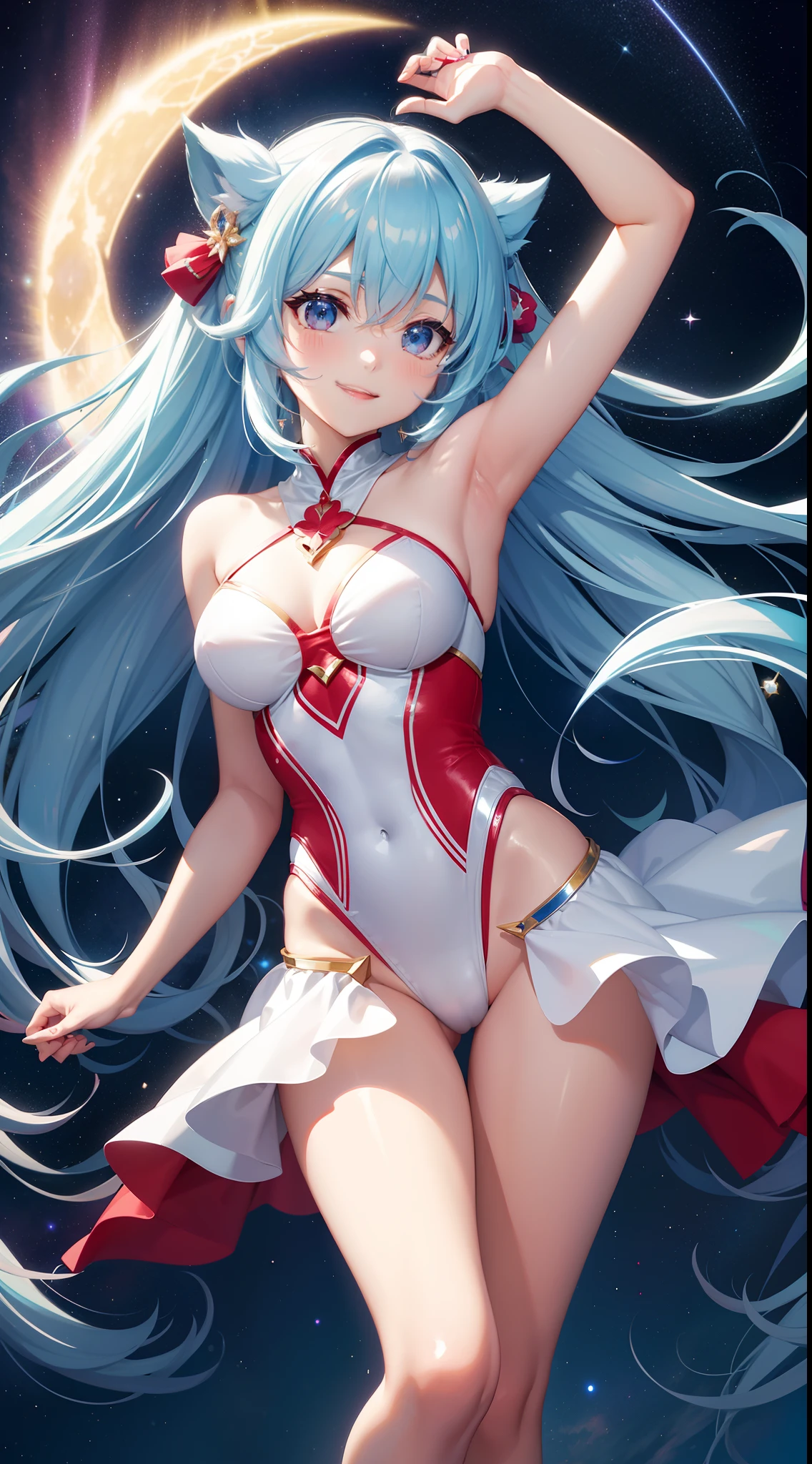 Super Idol a beauty girl A charming smile sky blue hair length hair Twin-tailed Bright white and red leotard outfit Mystical Fantasia constellation a moon Crystal Brilliance Aurora Borealis in the Night Sky