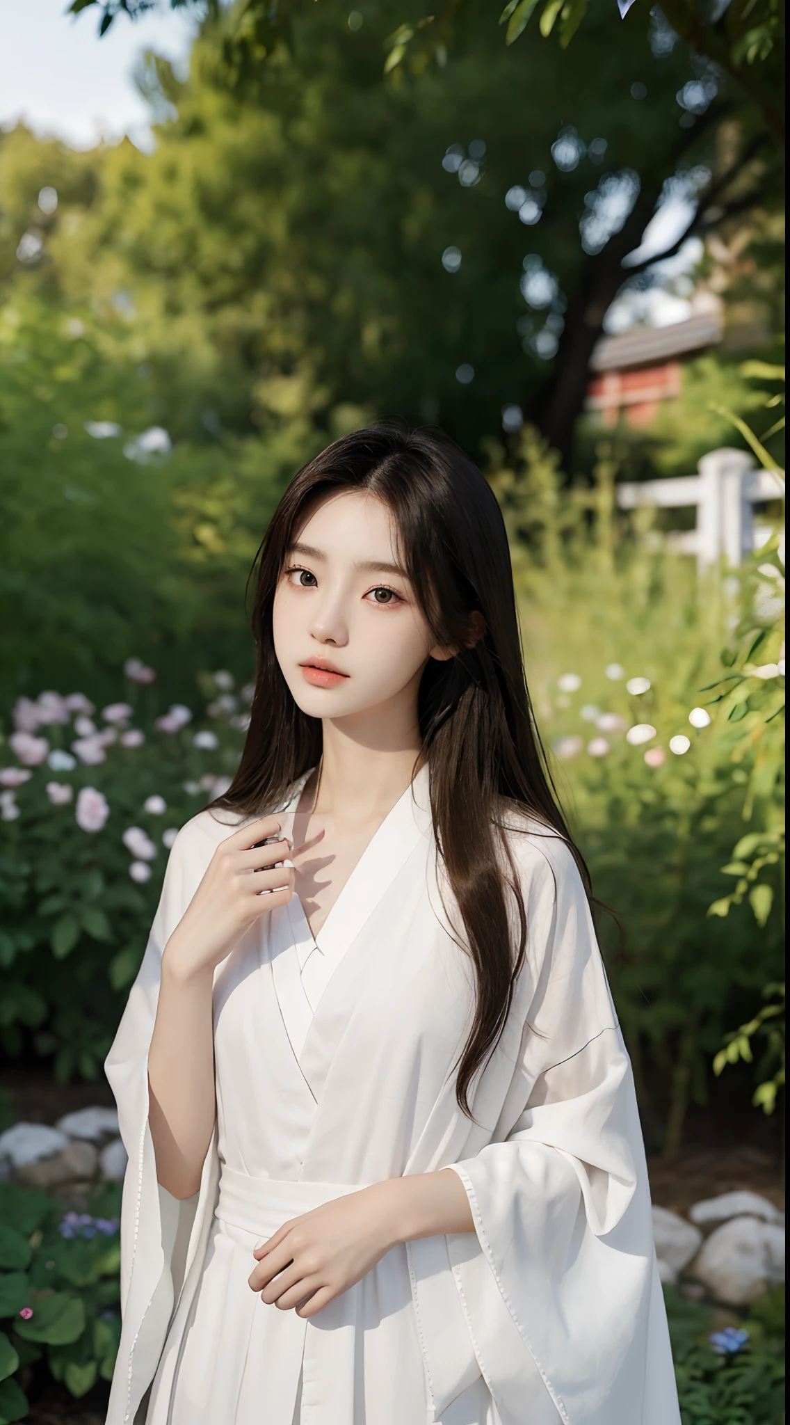 Japanese and Korean beauties,18yr old,Pure and cute,16K HD is realistic,Photographic quality,delicated face,mesmerizing eyes,二重まぶた,long eyelasher,sensual lip,Slim and slim,White skin,Realistic slender five fingers,In the background garden,Ethereal beauty