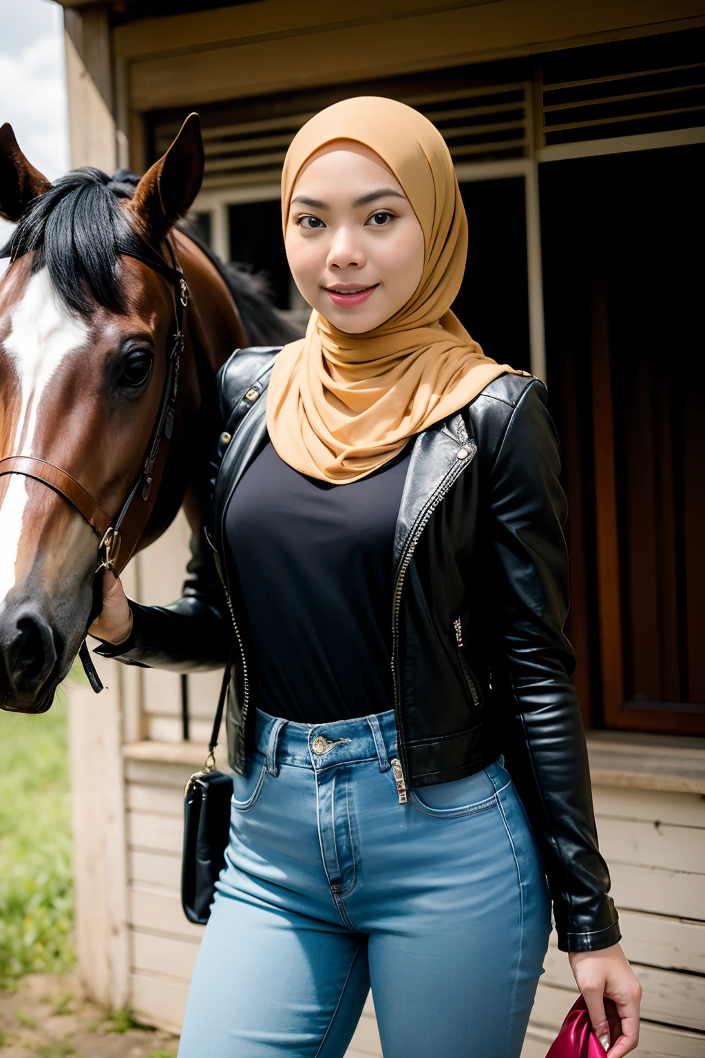 On a farm, beautiful malay woman, blue eyes, wear hijab, full lips, intelligent, wearing jeans and a leather jacket, mounted on a white horse. --seed 845406844