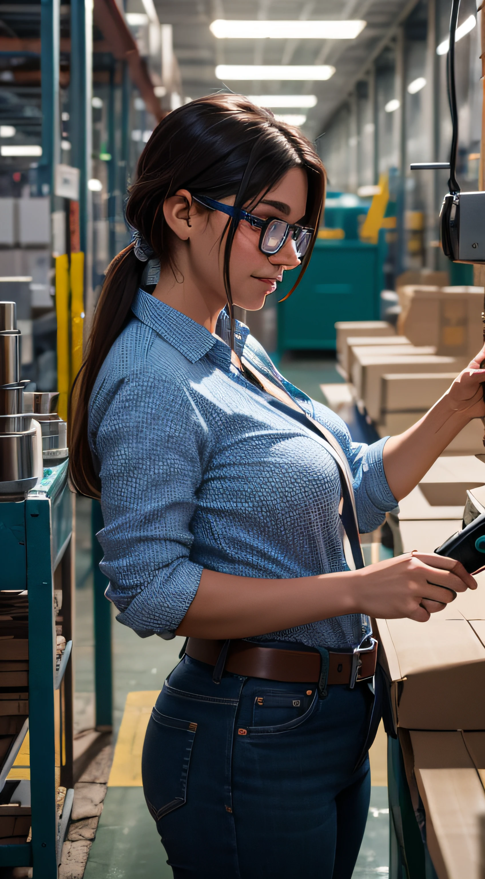 A woman working happily in a production line company, Super resolution AMD FidelityFX 3, efeitos brilhantes, textura extremamente detalhada, fotografado com Canon EOS 5D Mark IV.