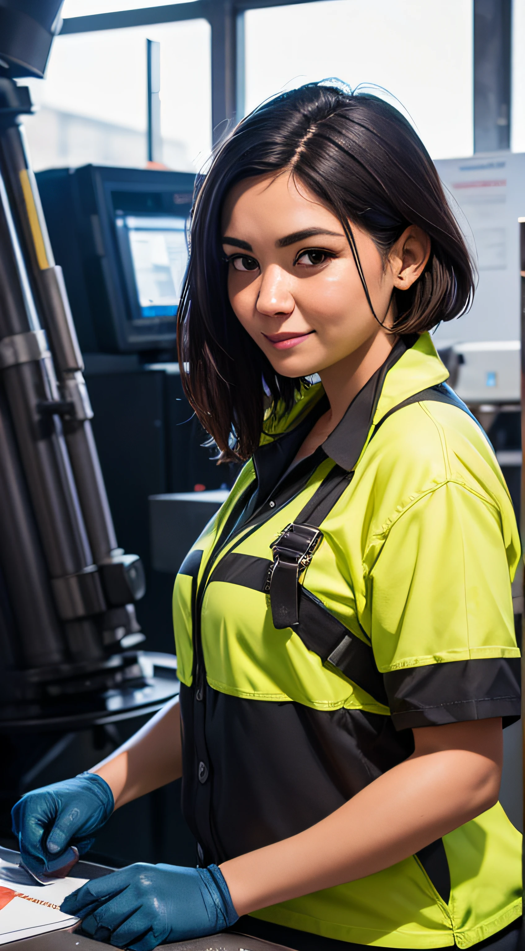 A woman working happily in a production line company, Super resolution AMD FidelityFX 3, efeitos brilhantes, textura extremamente detalhada, fotografado com Canon EOS 5D Mark IV.