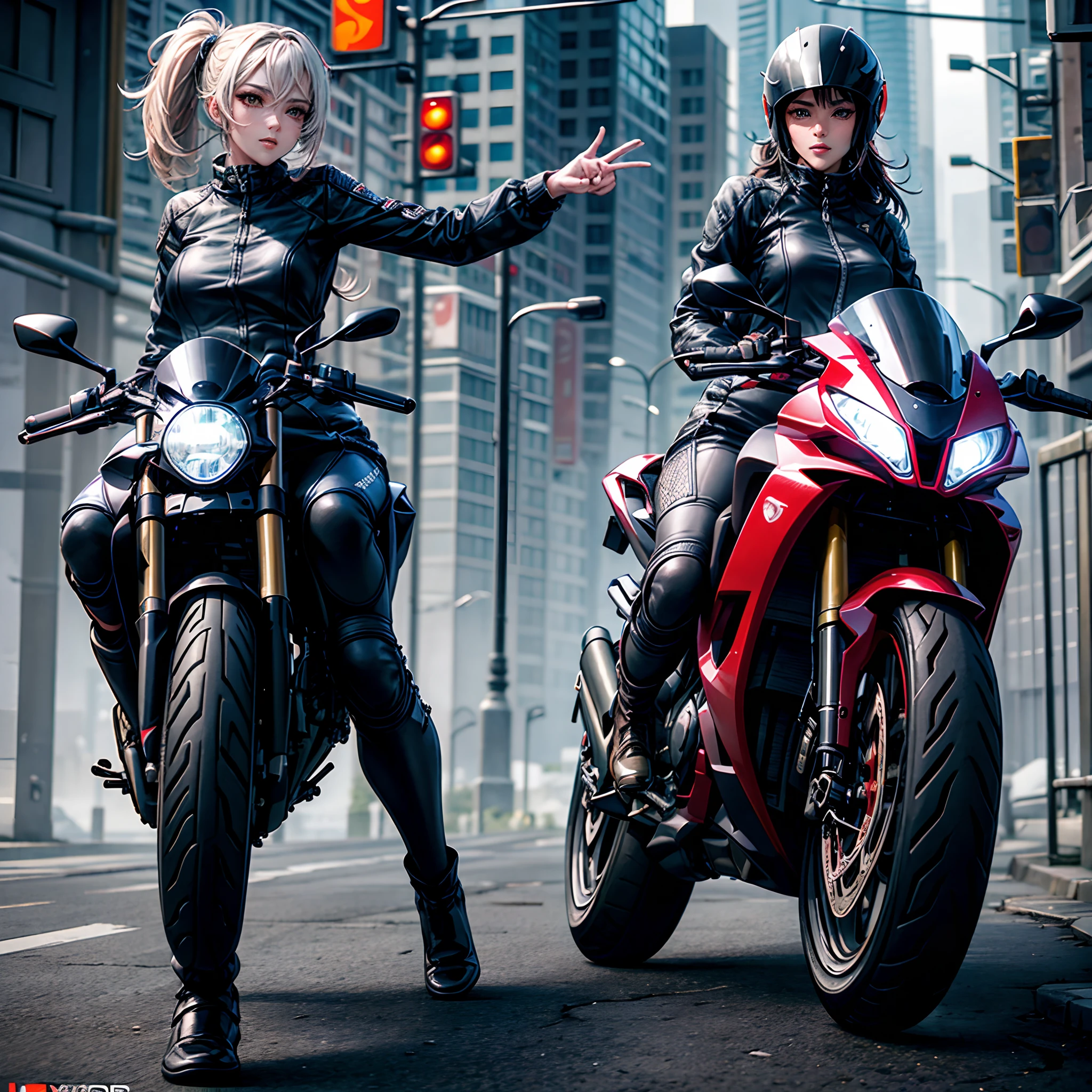 (SFW)), (masterpiece:1.2), (best quality:1.2), perfect lighting, woman on a motorcycle with a sexy outfit and a helmet, sitting on a motorcycle, riding a motorcycle, picture of a female biker, motorcycle, sitting on cyberpunk motorbike, riding a motorbike, motorcycles, badass pose, riding a futuristic motorcycle, motorbiker, extreme pose, wheelie, biker, motorbike, dressed in biker leather, by Ivan Grohar, sexy girl