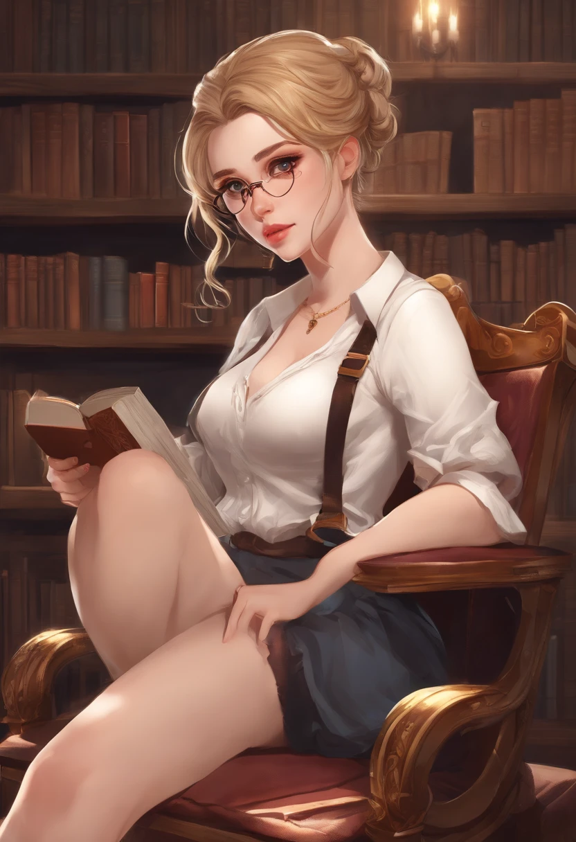 Solo, 1girl, masterpiece, best quality, extremly detailed, Cinematic lighting, intricate detail, highres, official art, finely detailed beautiful face and eyes, high resolution illustration, 8k, dark intense shadows, overexposure, [blonde hair/brown hair], single braid, blue eyes, glasses, smug, sitting on chair, upper body, large breasts, white shirts, yellow suspenders, book_stack, library, ((vine)), rose, looking at the viewer