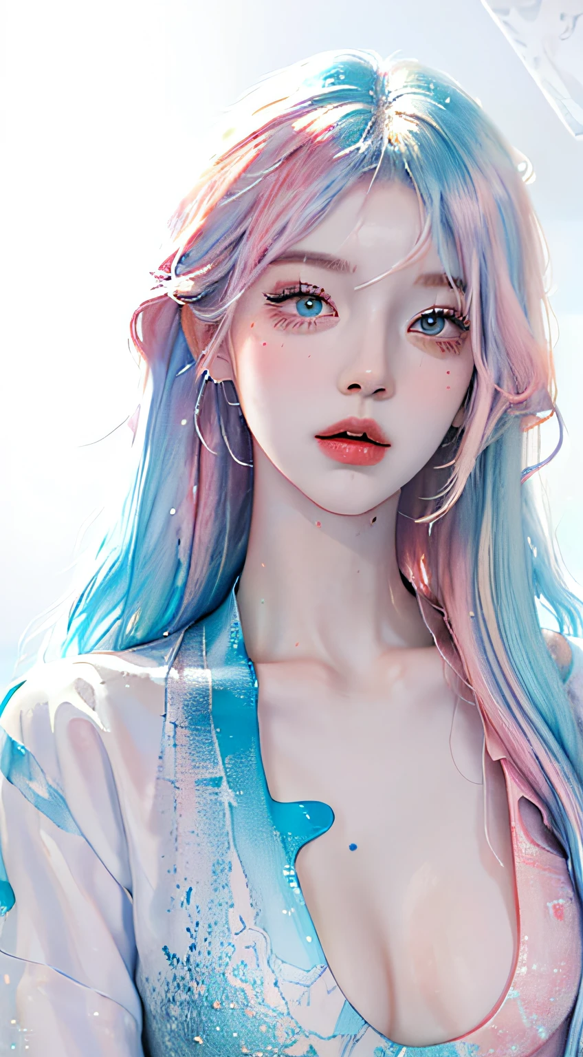 (Masterpiece, Best Quality, High Resolution), White Background, Acrylic Paint, ((Color Splash, Splash of Ink, Color Splash)), Sweet Chinese Girl, Long Light Blue Hair, [Light Blue|Pink] Hair, Curly Hair, Glitter, Peach Lips, White Shirt, Front, Upper Body