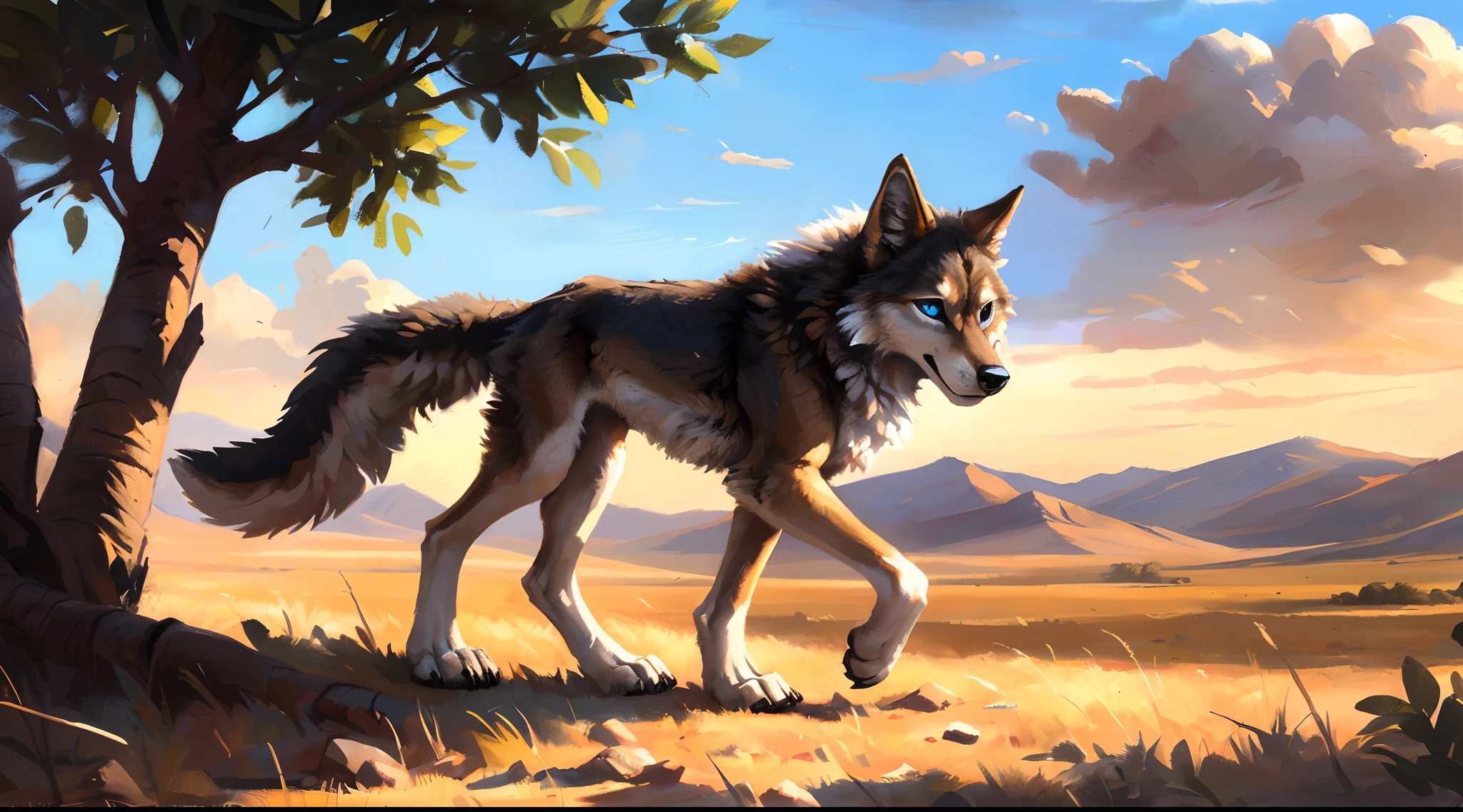 ((Solo)), male people, coyote, (Multi-colored fur, White-brown:1.3), ((Wolf face, White hair, Big eyes, White eyelids, Blue pupil, Slim:1.2) (Tough, Calm expression:1.2)), Abs, Slim, pinging)), (Correct anatomy), A big tail,Feet,Longer torso,Well-proportioned limbs,(Realistic fur, Detailed fur texture, labeled:1.3)), (Natural lighting), Photorealistic, Hyperrealistic, ultradetailed, by Kenket,Naked all over the body,Endless grasslands,Walking