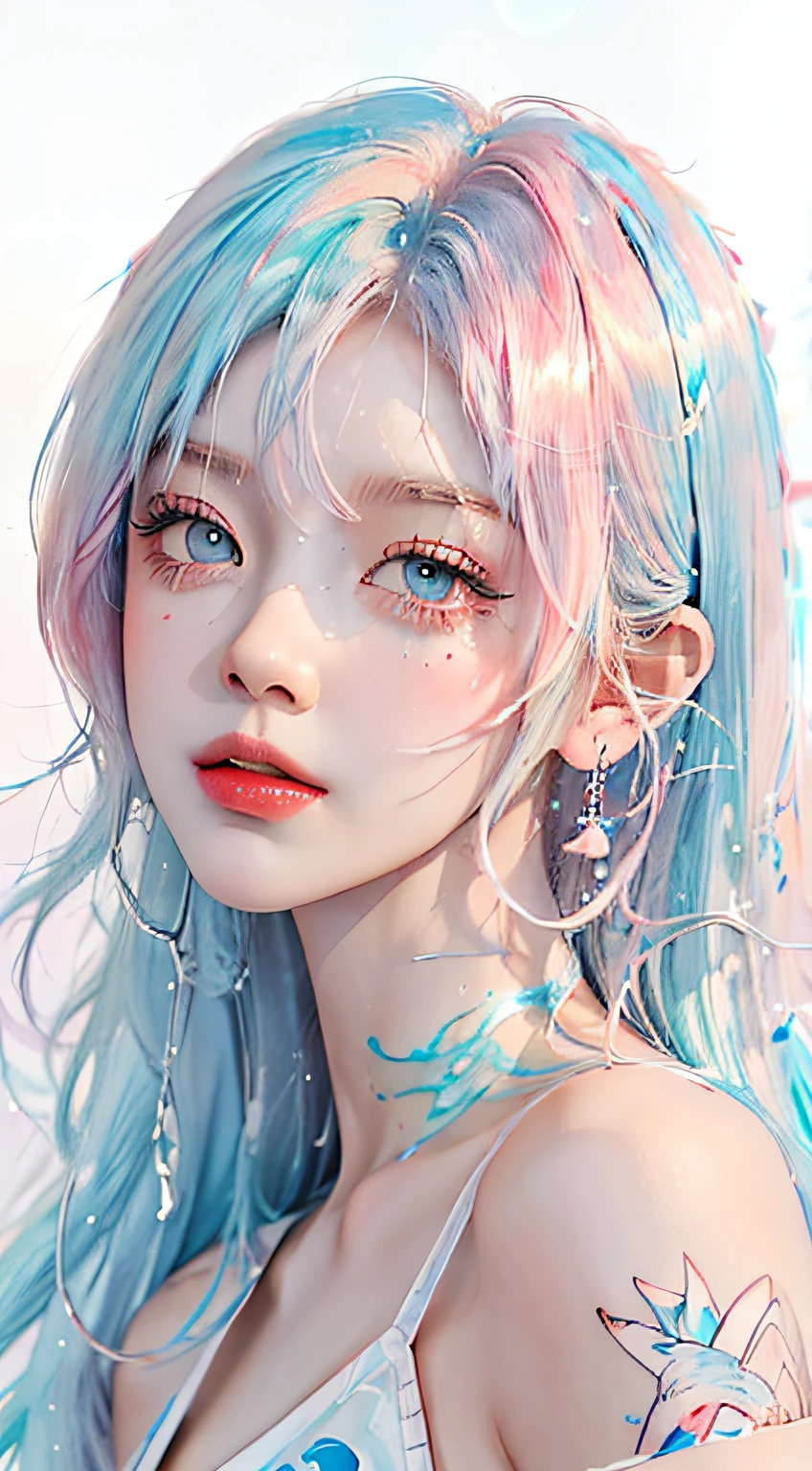 (Masterpiece, Best Quality, High Resolution), White Background, Acrylic Paint, ((Color Splash, Splash of Ink, Color Splash)), Sweet Chinese Girl, Long Light Blue Hair, [Light Blue|Pink] Hair, Curly Hair, Glitter, Peach Lips, White Shirt, Front, Upper Body