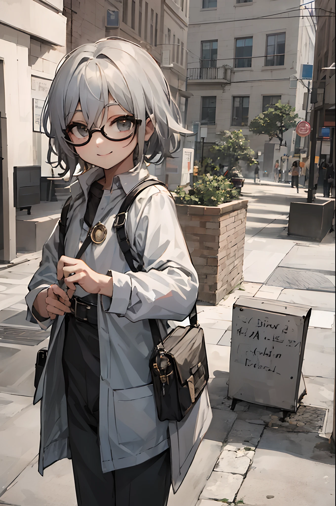 (morning), Male child, eye glasses,Soio, Look at the viewer,, Cowboy Shots, (down town), A smile, silber hair
