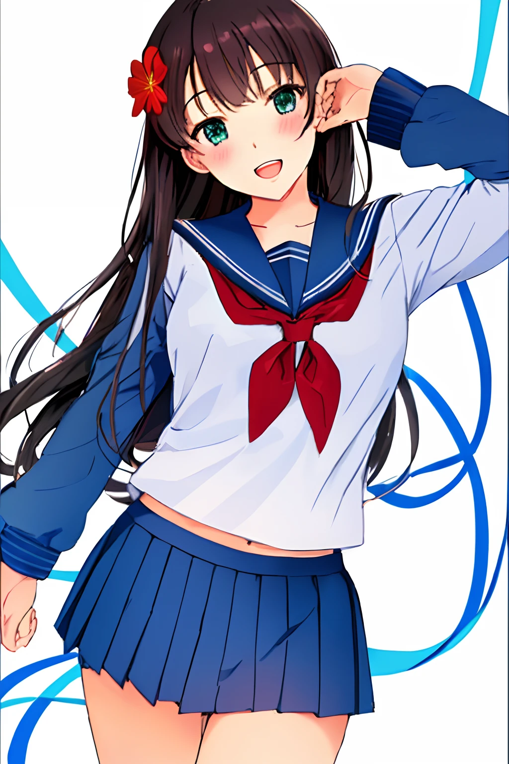 masterpiece, (bestquality), highlydetailed, ultra-detailed, blue sailor collar, blue serafuku, blue skirt, breasts, brown hair, cowboy shot, flower, green eyes, hair flower, hair ornament, long hair, long sleeves, looking at viewer, midriff peek, neckerchief, open mouth, pleated skirt, red neckerchief, sailor collar, saten ruiko, school uniform, serafuku, simple background, skirt, smile, solo, teeth, twitter username, white background