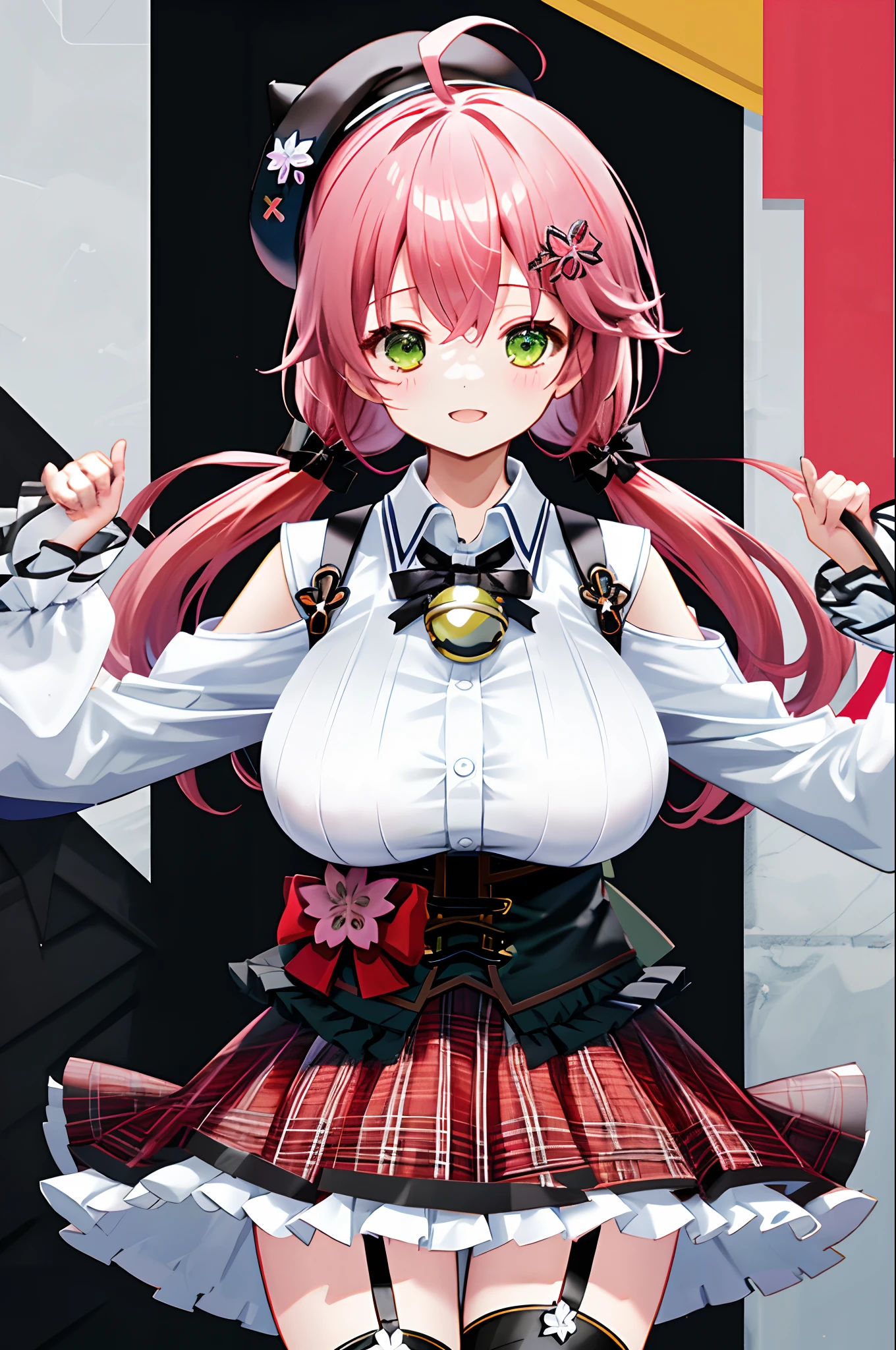 masutepiece, Best_Quality, hight_resolution, miko2,Ponytail, 1girl, Green eyes, Ahoge, black headwear, Hair Ornament, White shirt, black thighhighs, Pink hair, Red_skirt, very_short_skirt, plaid skirts, garter_strap, Collared shirt, hair clips, frilld, Bangs, hair between eye, frills skirt, beret, Pleated skirt, Hair Flower, Neck bell, , puffy long sleeves, Black bow, Underbust, Cowboy Shot,Smile, (gigantic_breasts:1.3),covered_nipples, covered_pussy,close_eyes, happy, childlike_posing,spread_legs,smile,