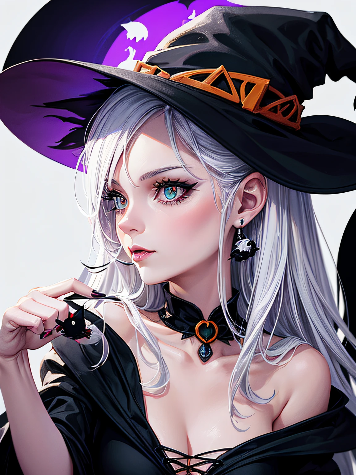 High quality design vector style image, t-shirt print style, graphic art white background of a Halloween style witch, bright and realistic colors, old style witch with a pointy hat, nose with a wart and a black cat at her side, fantasy style scenery halloween