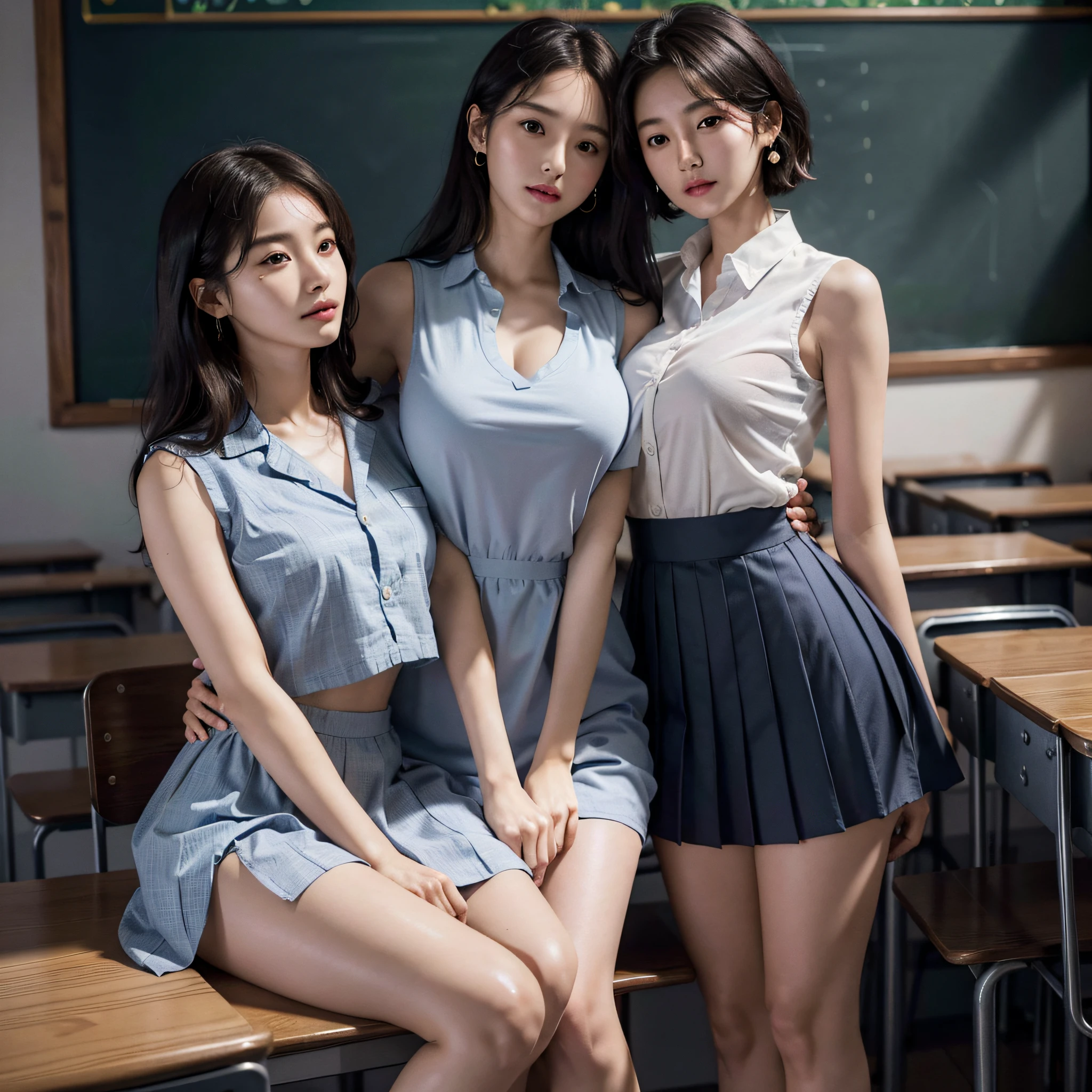 absurdres, RAW photo, extremely delicate and beautiful, masterpiece, Best Quality, ultra high resolution, 16k, hyperrealistic, ultra-detailed, Very detailed CG 8k wallpaper, Beautiful Lighting, Perfect Lightning, Realistic Shadows, perfect anatomy, super Detailed skin, perfect figure, Japanese woman, late 20s, very Slim body, narrow waist, very small head, handsome detailed woman, very detailed eyes and face, realistic face proportions, Stunning detailed eyes, Realistic beautiful face, very small face, Realistic small beautiful eyes, double eyelids, makeup, tearful mole, mole on chest, earring, bare legs, beautiful and very thin legs, beautiful and very thin thighs, (((very huge round breasts))), ((full body shot)), ((short hair)), wavy hair, (((korean school uniform, summer school uniform shirt, dress shirt))), midriff peek, ((sleeveless)), ((yuri)), (2girls), ((breast grab)),
