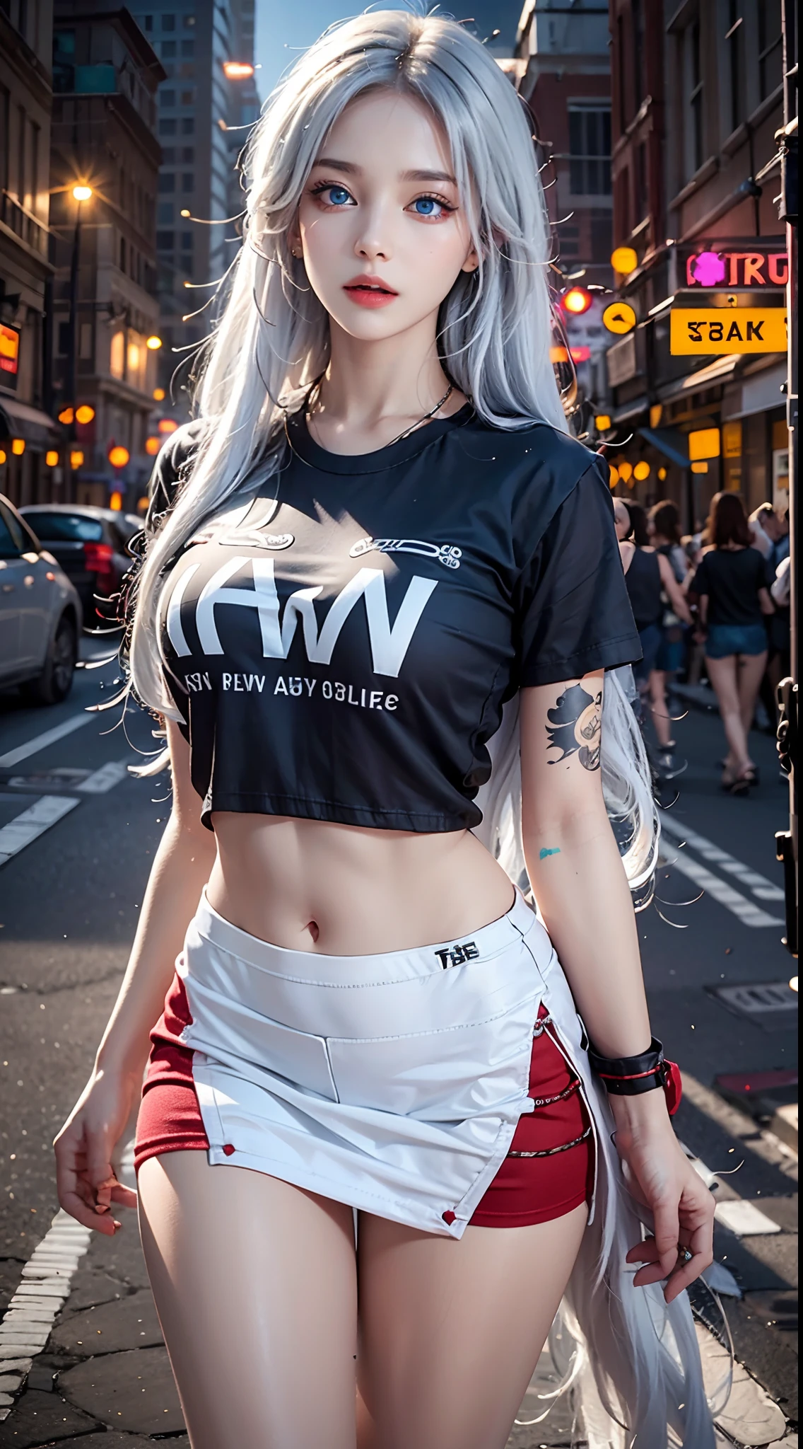 photorealistic, high resolution, soft lights, 1women, solo, hips up, (blue eyes, long hair, white hair), street wear, t-shirt, skirt, jewelry, tattoo