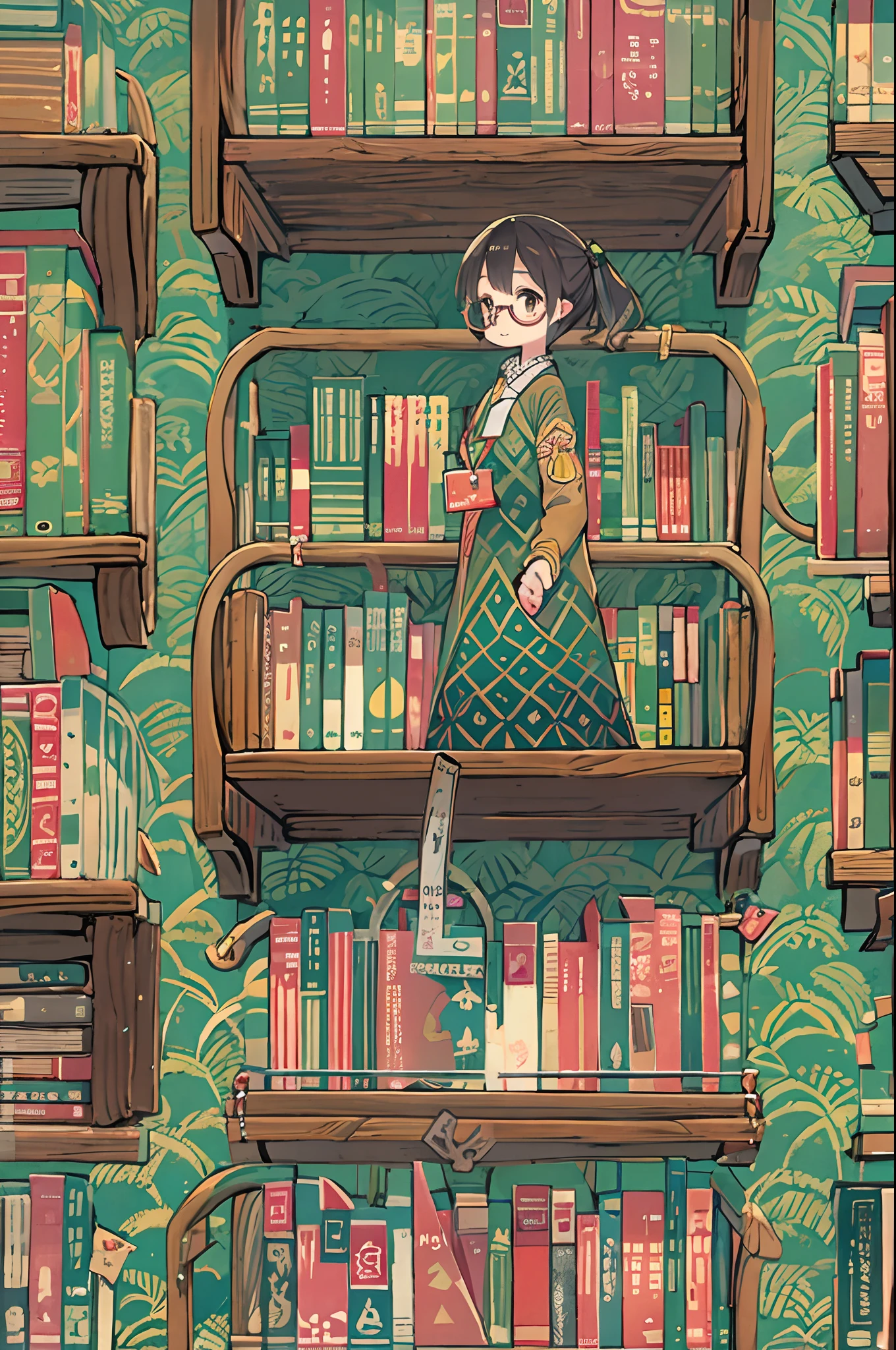 Huge library、One librarian、One Woman、Small round glasses、
