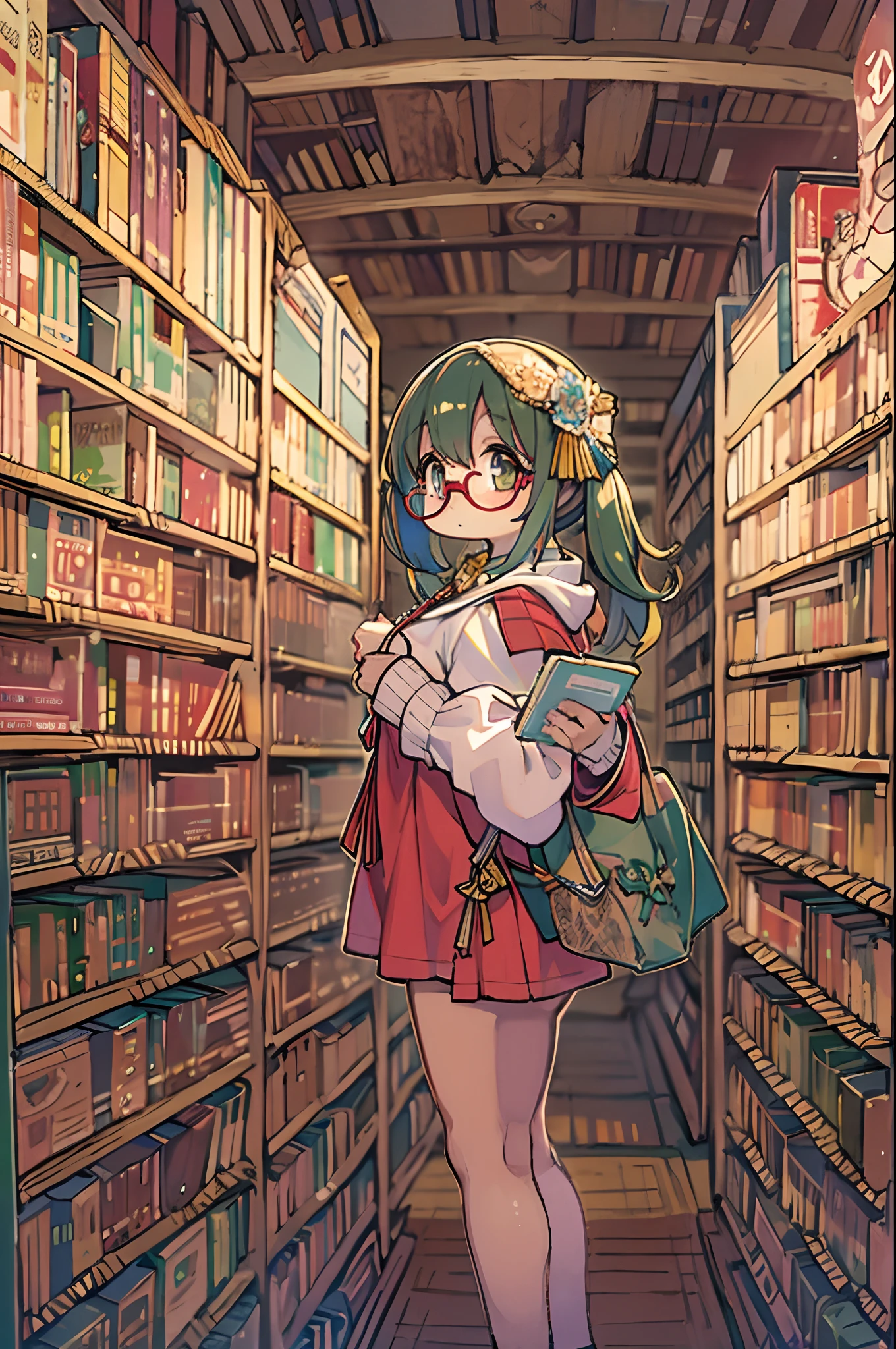 Huge library、One librarian、One Woman、Small round glasses、