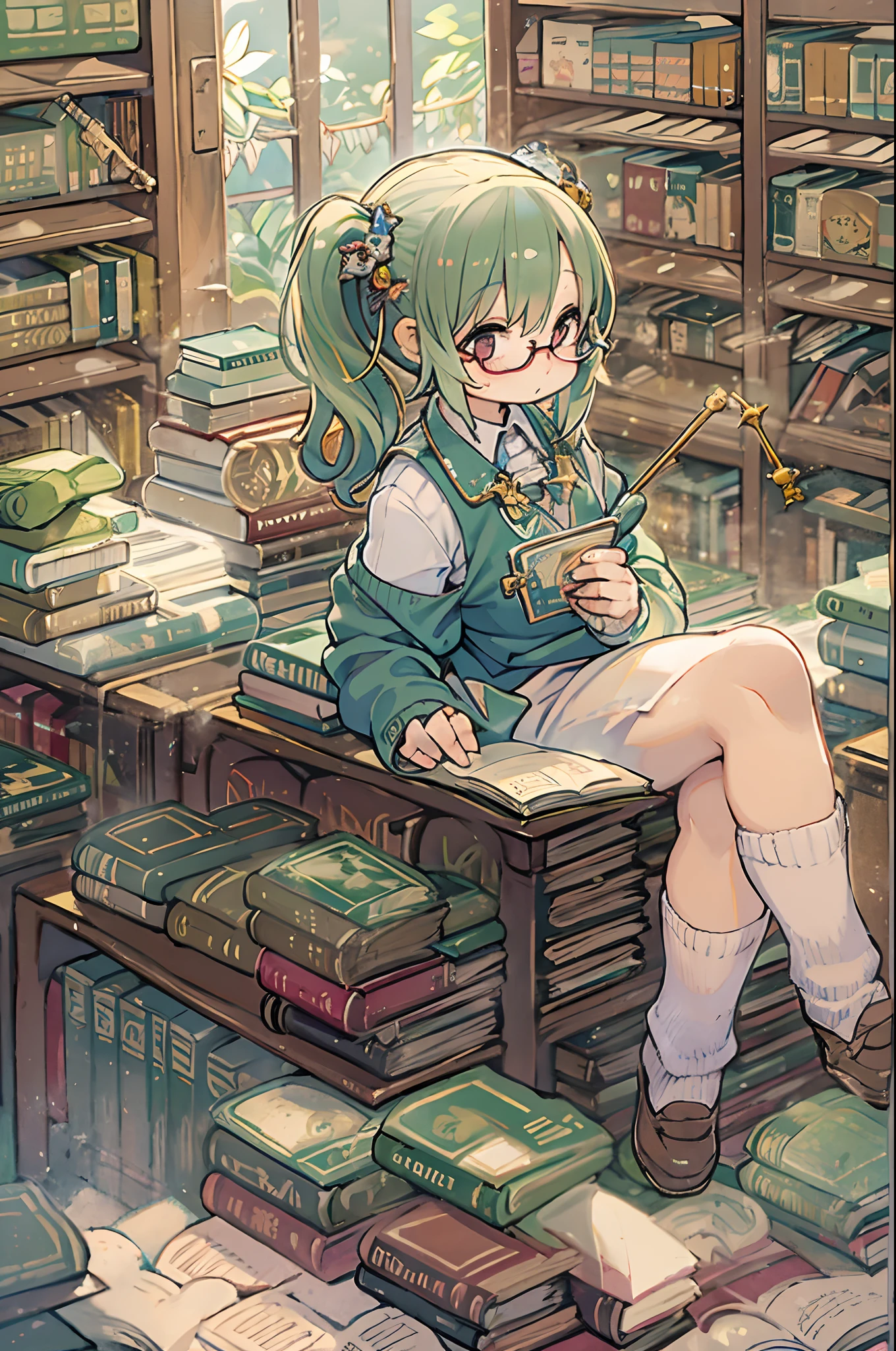 Huge library、One librarian、One Woman、Small round glasses、