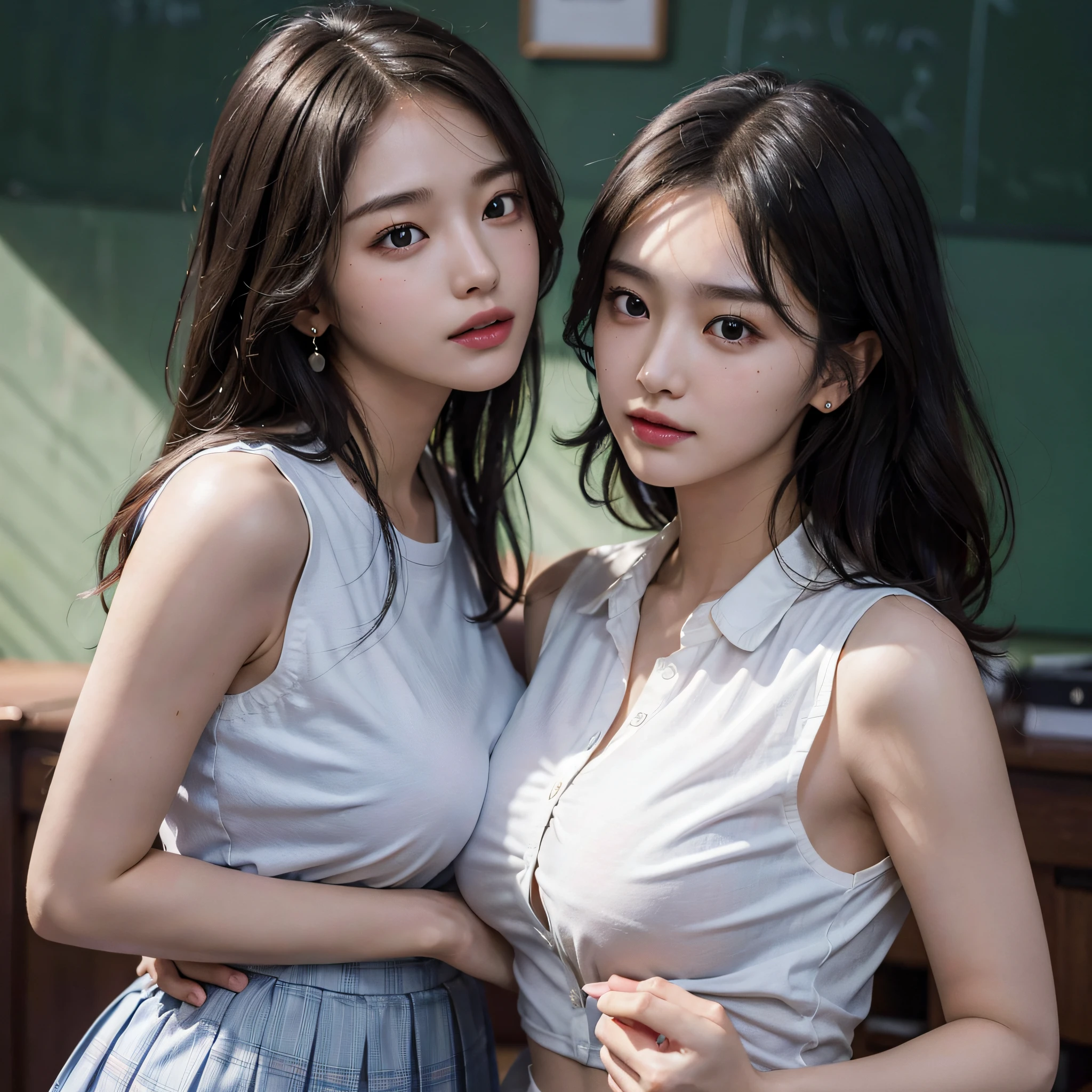 (2ung girls), (highly detailed eyes), (highly detailed face), extremely detailed CG unified 8k wallpaper, highly detailed, High-definition raw color photos, professional photography, Realistic portrait, Cinematic Light, bangs, (hi-school uniform, pleated skirt:1.3), (hi-school uniform with open chest:1.5), See-through sheer panties, (beautiful big breasts:1.2), ((no panties)), desk, sitting, cameltoe, open legs wide, school, classroom,