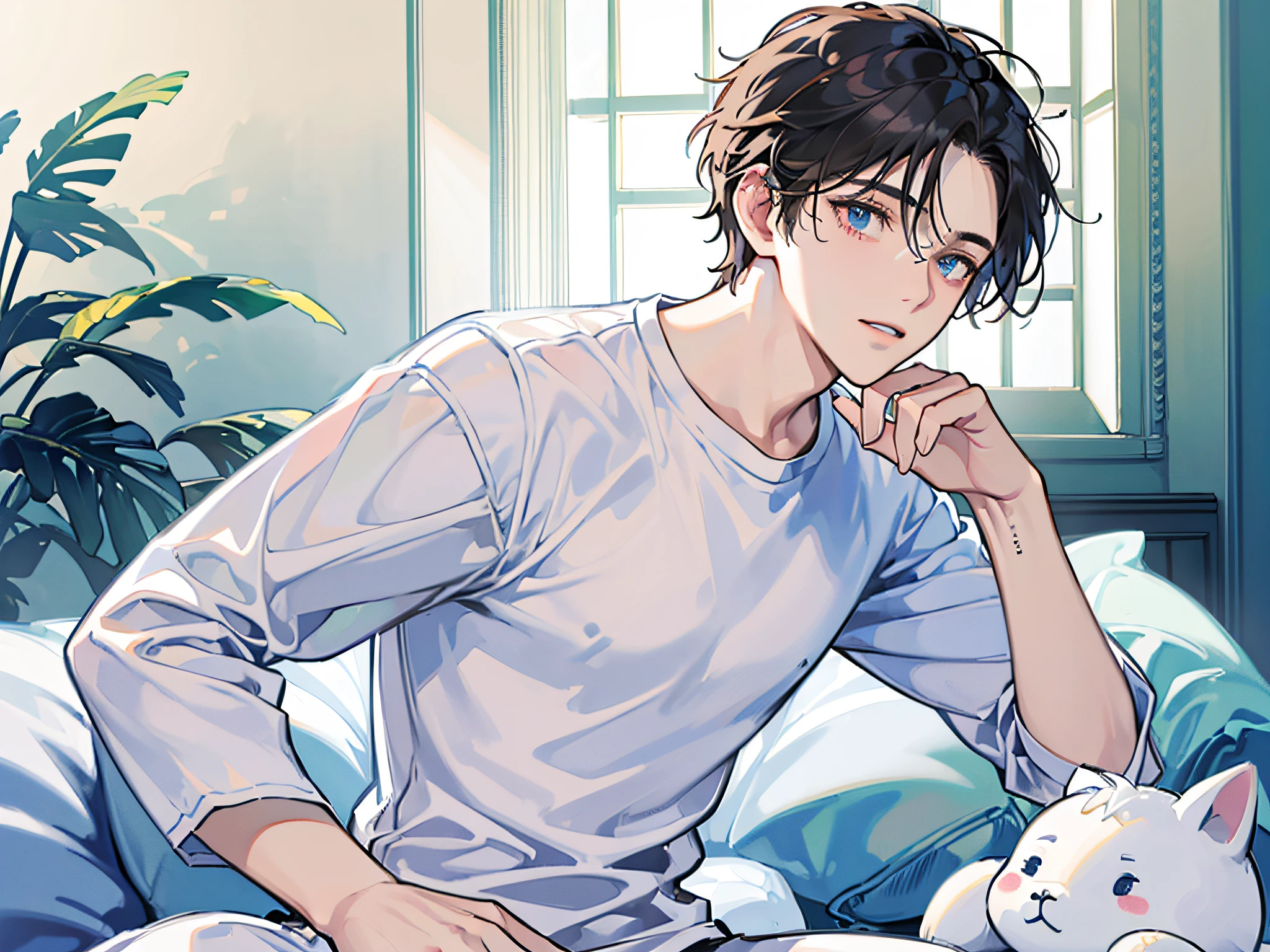 (Man in a white T-shirt 1.4) (Facial pain 1.5) (Sit in the corner of ward 1.4) (Open your eyes 1.3) (Show upper body 1.4),wearing pajamas