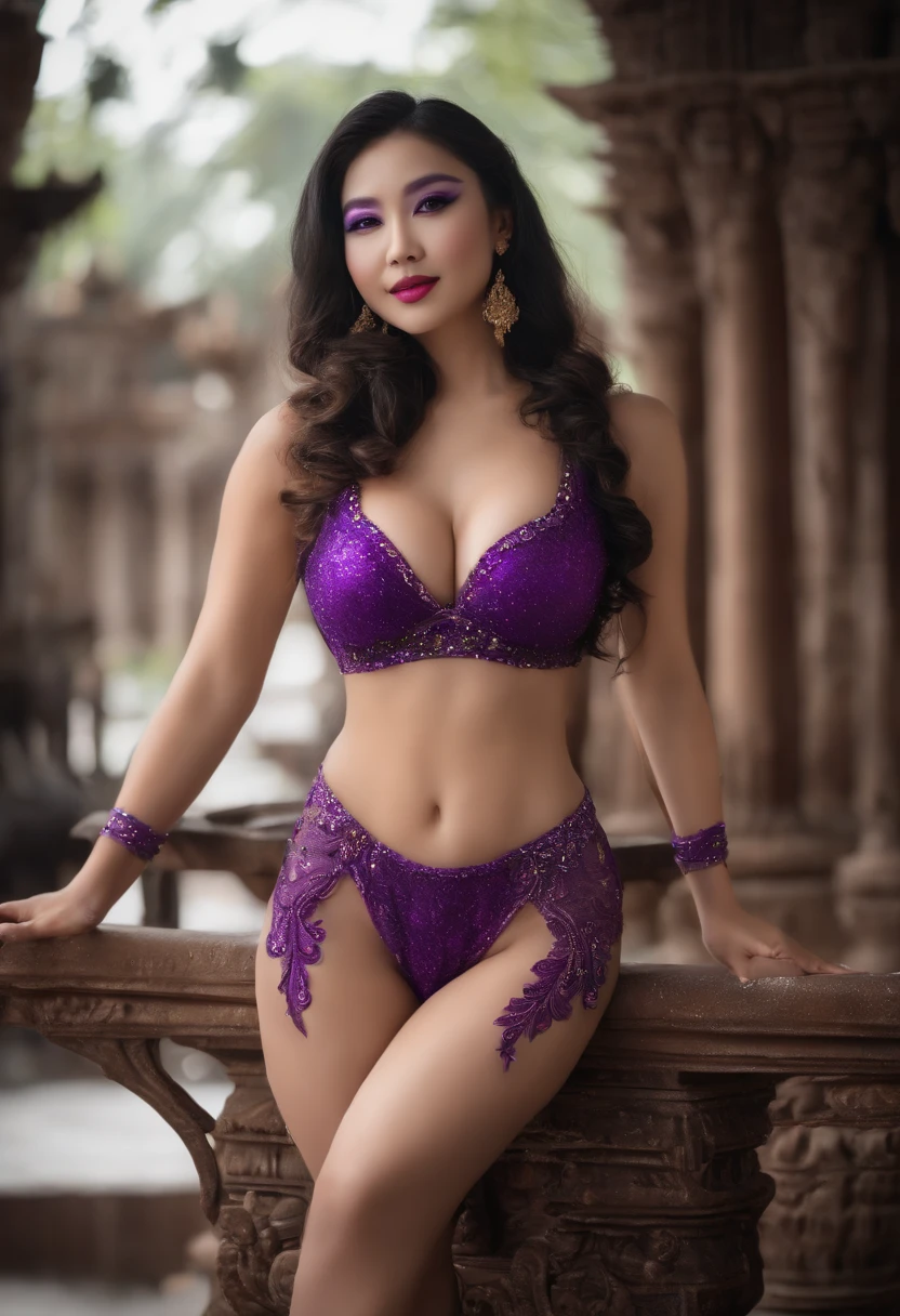 ultra - detailed, A high resolution, Beutiful women,Asia squats on the theatrical stage,Ultra-detailed face, Detailed eyes,Snow-whiteskin,Perfect body,Clothed only in bikini ,Chain heel, Open your legs,legs in M shape,(((huge boob))),(((gigantic hip))),(((Large chest and thin waist))),,(((Purple body painting replaces full-body clothing)))