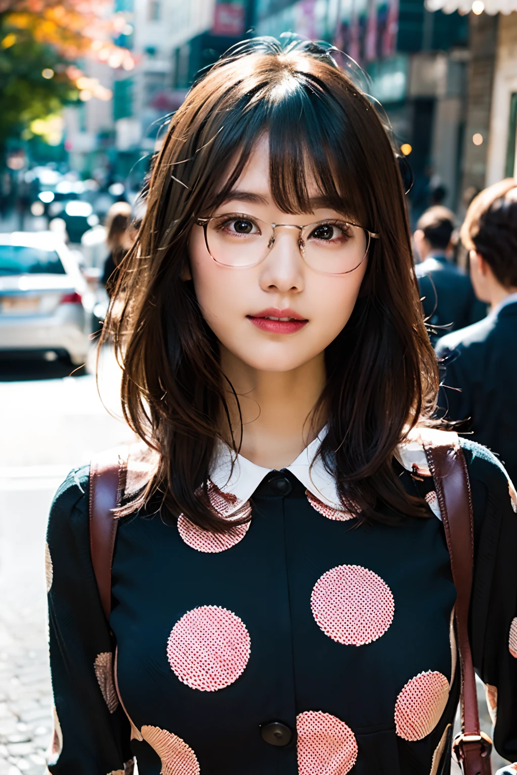 (8K、Raw photography、top-quality、masterpiece:1.2)、(realisitic、Photorealsitic:1.37)、ultra-detailliert、超A high resolution、 1 人、29yo、see the beholder、beautifull detailed face、Smile、Constriction、(Slim waist) :1.3)、Beautiful detailed skin、Skin Texture、well-shaped breasts、Floating hair、(Polka dot clothes:1.4)、Professional Lighting、Autumn afternoon、In the street、(((Black square glasses )))、the whole、brown haired、((Shameful appearance))、