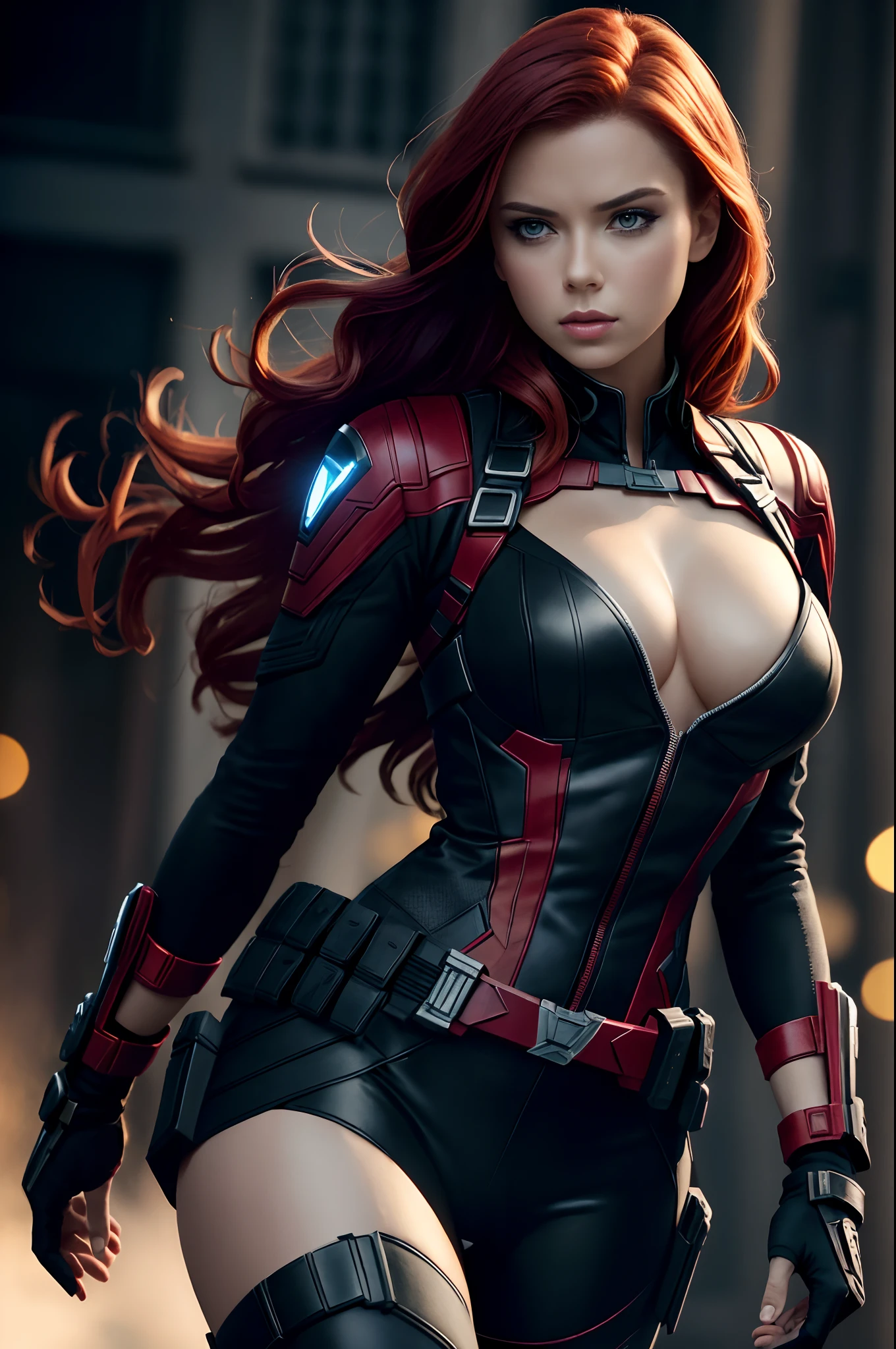 1girl, Full body, Natasha Romanoff style of the Black Widow (from marvel studios) costume, medium breasts, cleavage, dynamic pose, (masterpiece, best quality, detailed skin texture, detailed cloth texture, beautiful detailed face, intricate details, ultra detailed), Short red hair, dynamic pose, (Best quality, A high resolution, Photorealistic, primitive, 8K,Masterpiece, ),Best quality, Masterpiec8K.hdr. High ribs:1.2, filmgrain, Blur bokeh:1.2, Lens flare, (vivd colour:1.2), (Delicate),