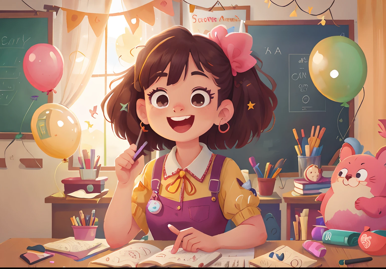 An old beauty teacher, classroom, many balloons, happy, happy, perfect quality, clear focus (clutter - home: 0.8), (masterpiece: 1.2) (realistic: 1.2) (bokeh) (best quality) (detailed skin: 1.3) (intricate details) (8K) (detail eyes) (sharp focus), (happy)