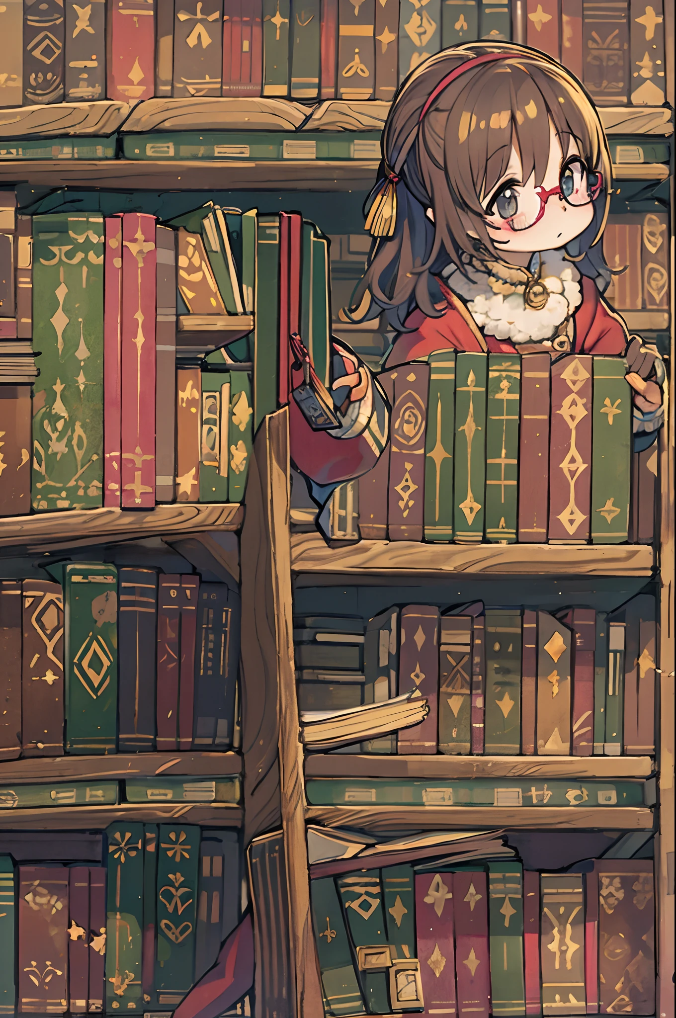 Huge library、One librarian、One Woman、Small round glasses、