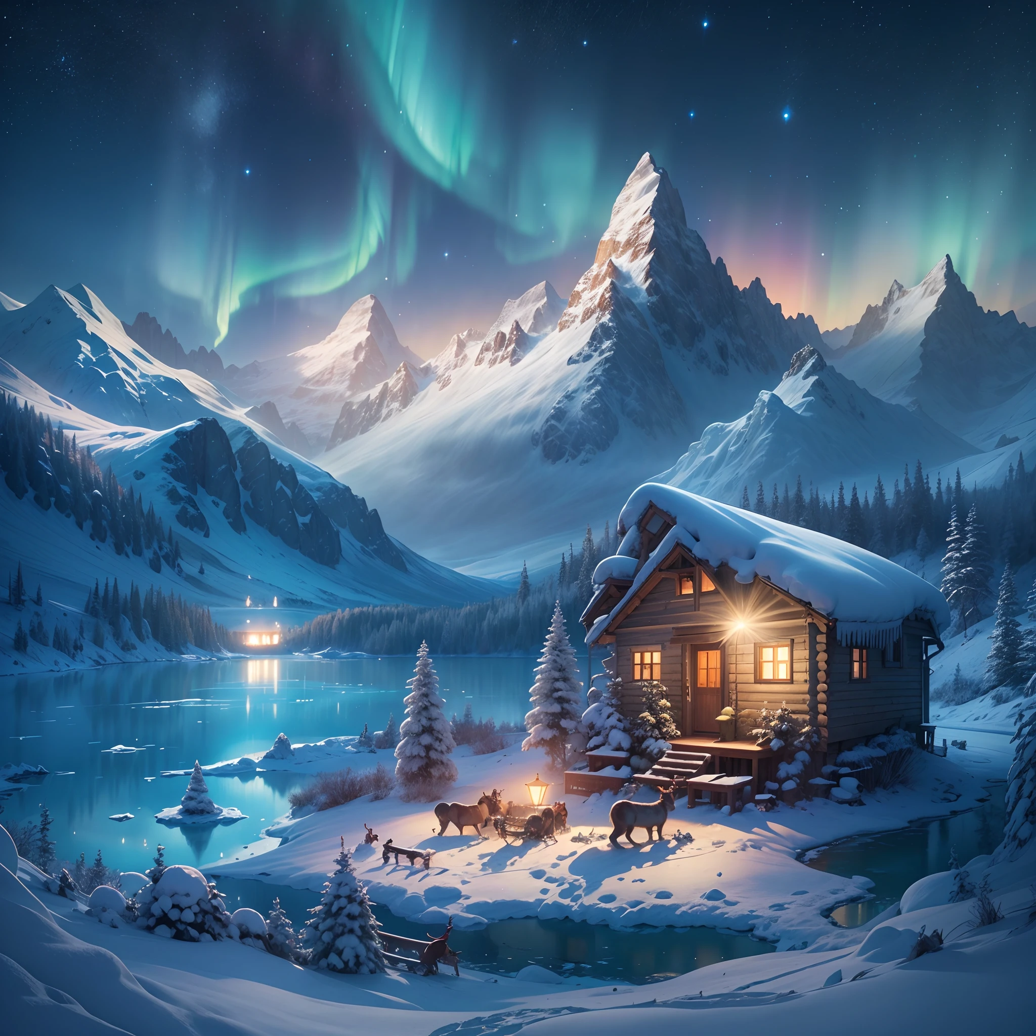 The best quality, a high-resolution (masterpiece: 1.2), night view, aurora, towering snow capped mountains, snowcapped huts, reindeer, sleds, new moons, shining stars, frozen lake, vast and breathtaking scenery.